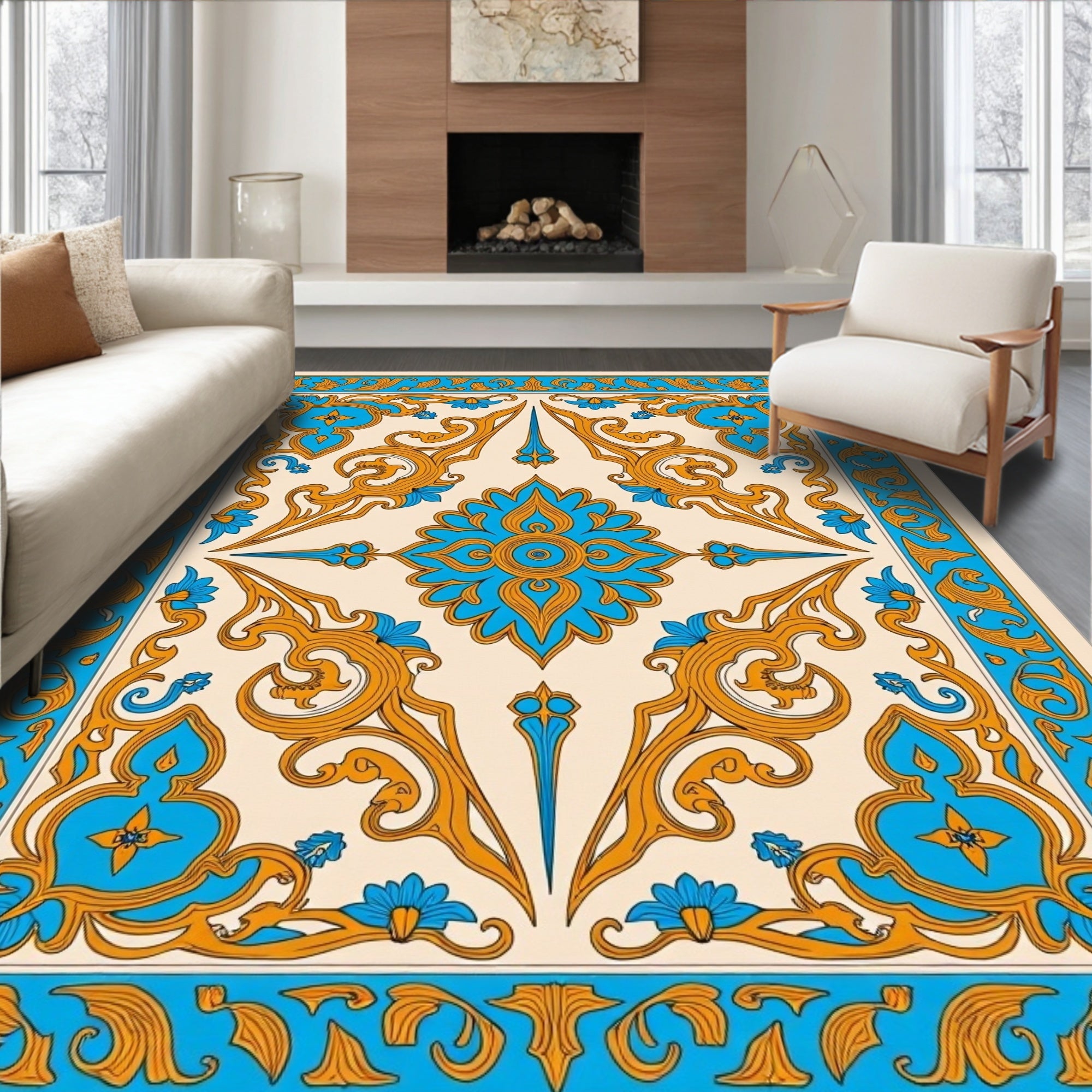 Ornate Floral Medallion Blue Gold Rug