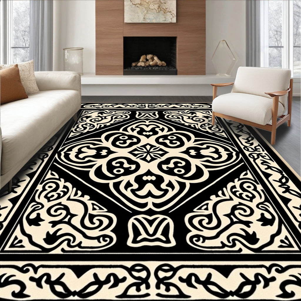 Classic Black Cream Medallion Design Rug