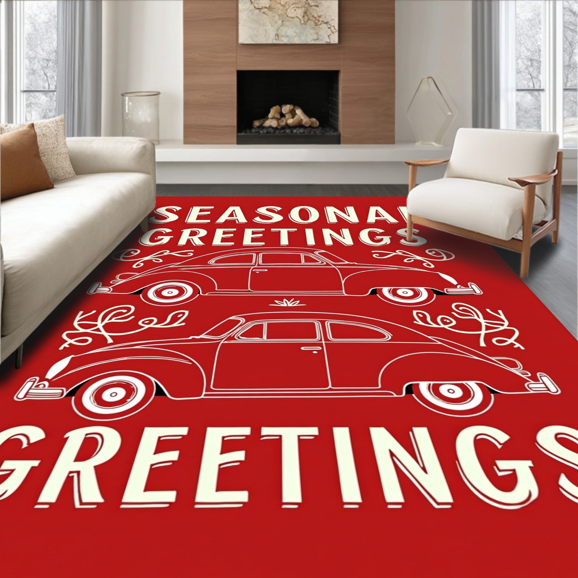 Vintage Red Retro Car Greetings Rug