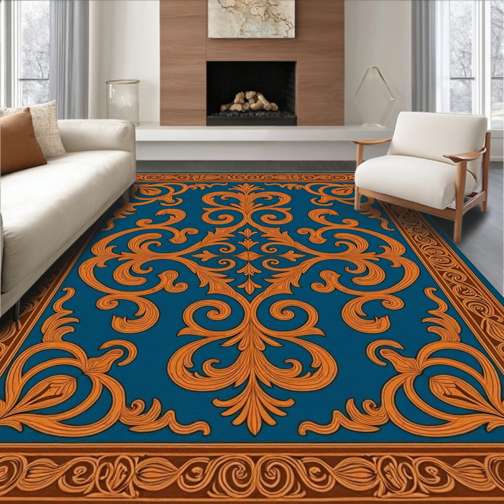 Ornate Teal Orange Flourish Design Rug
