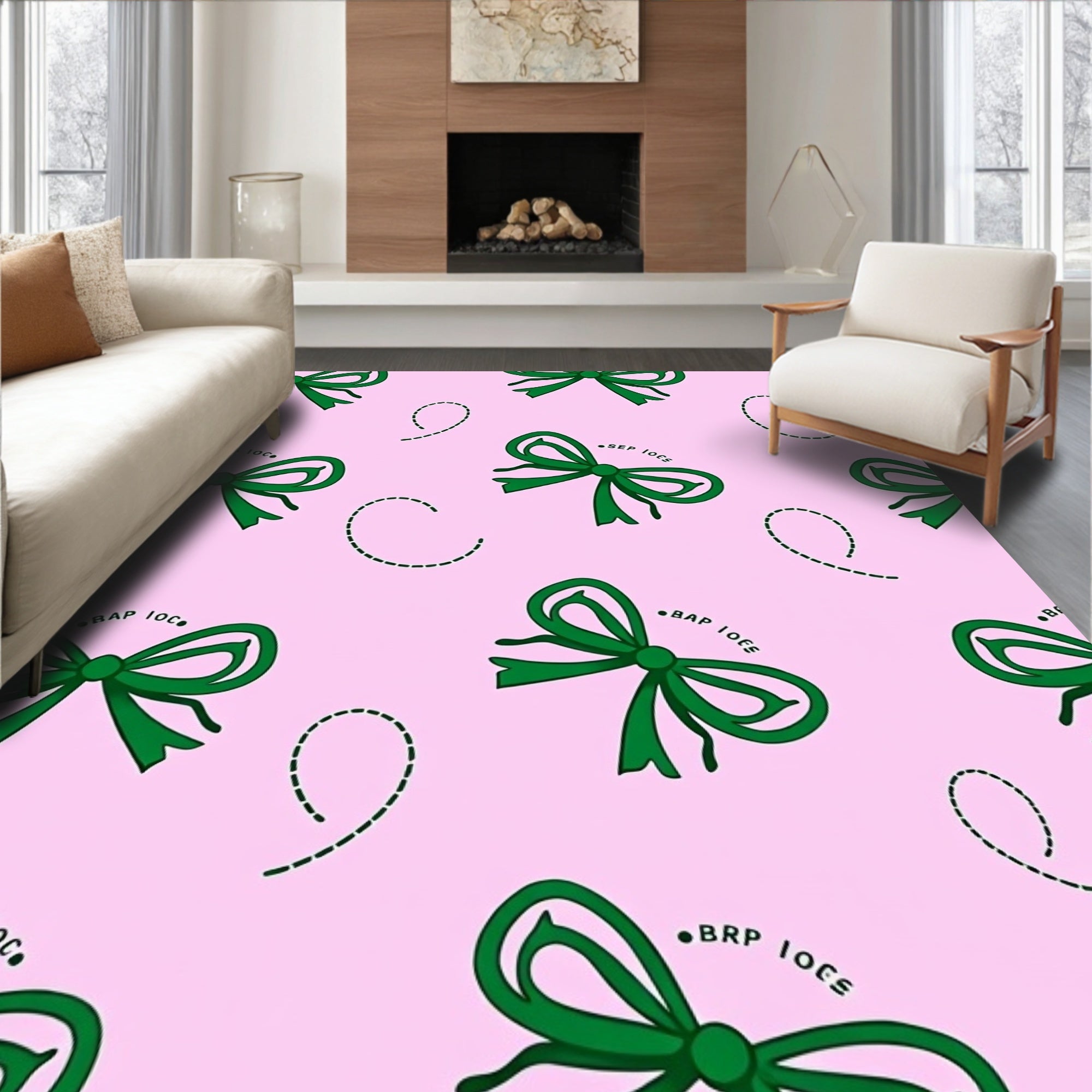 Green Bows And Dashed Lines Pattern Rug