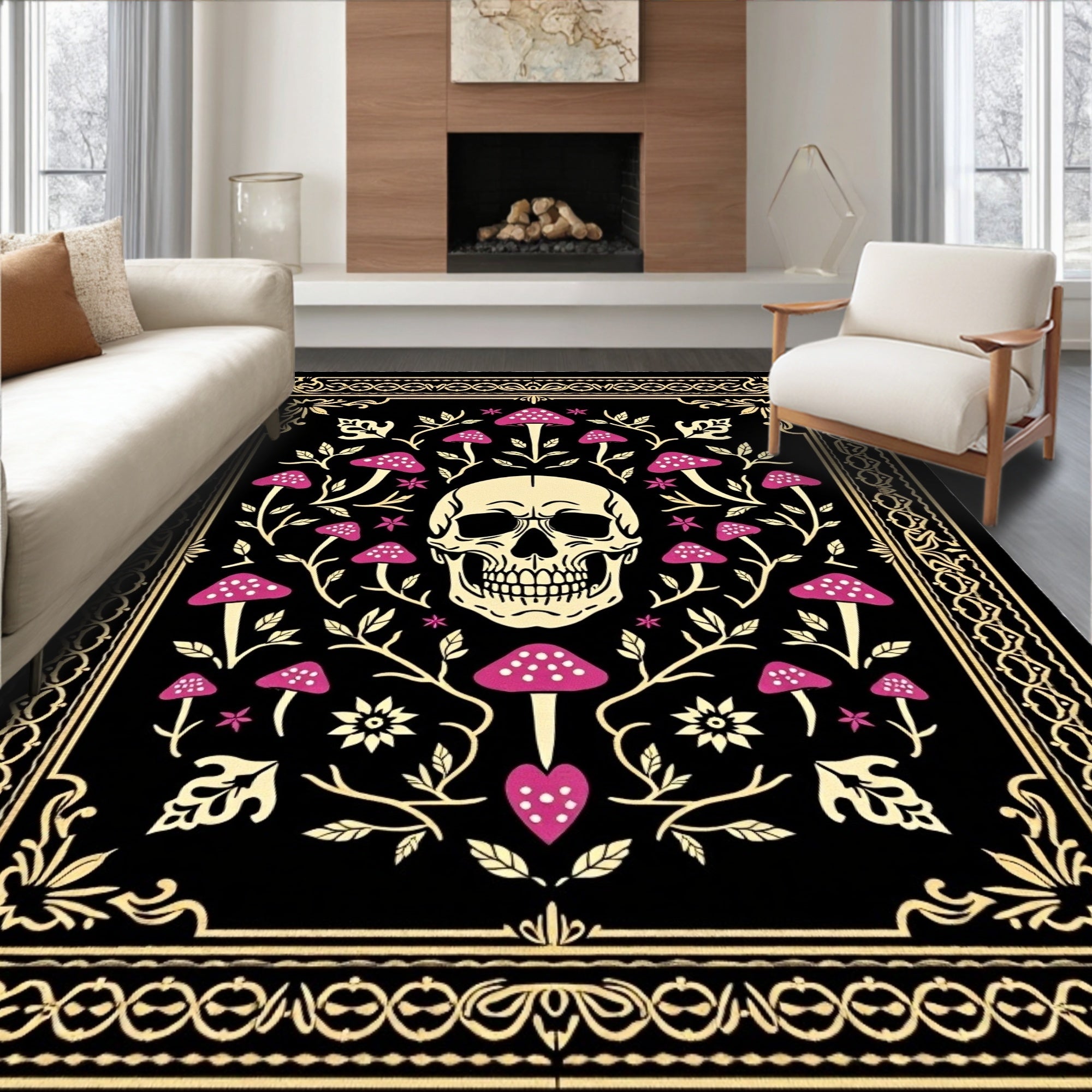 Dark Skull Mushroom Floral Pattern Rug