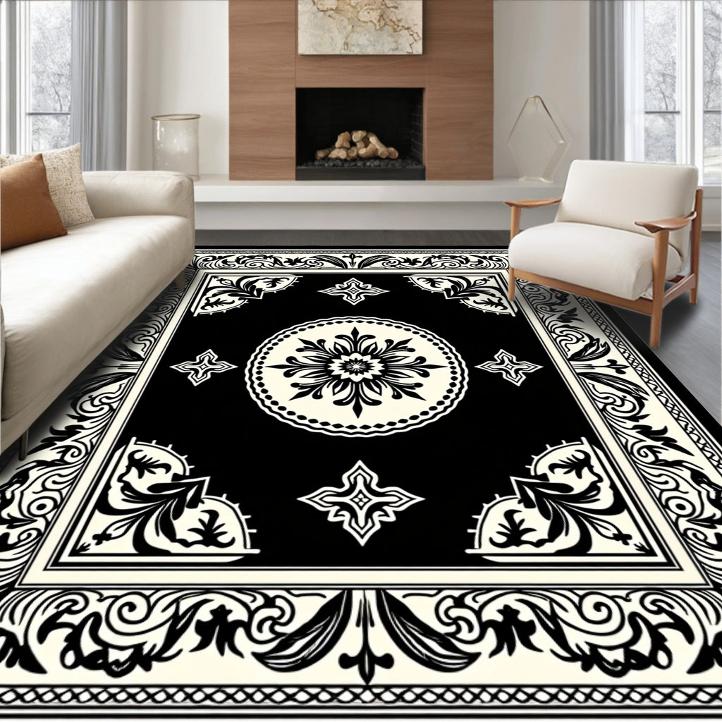 Black and Cream Floral Mandala Border Rug