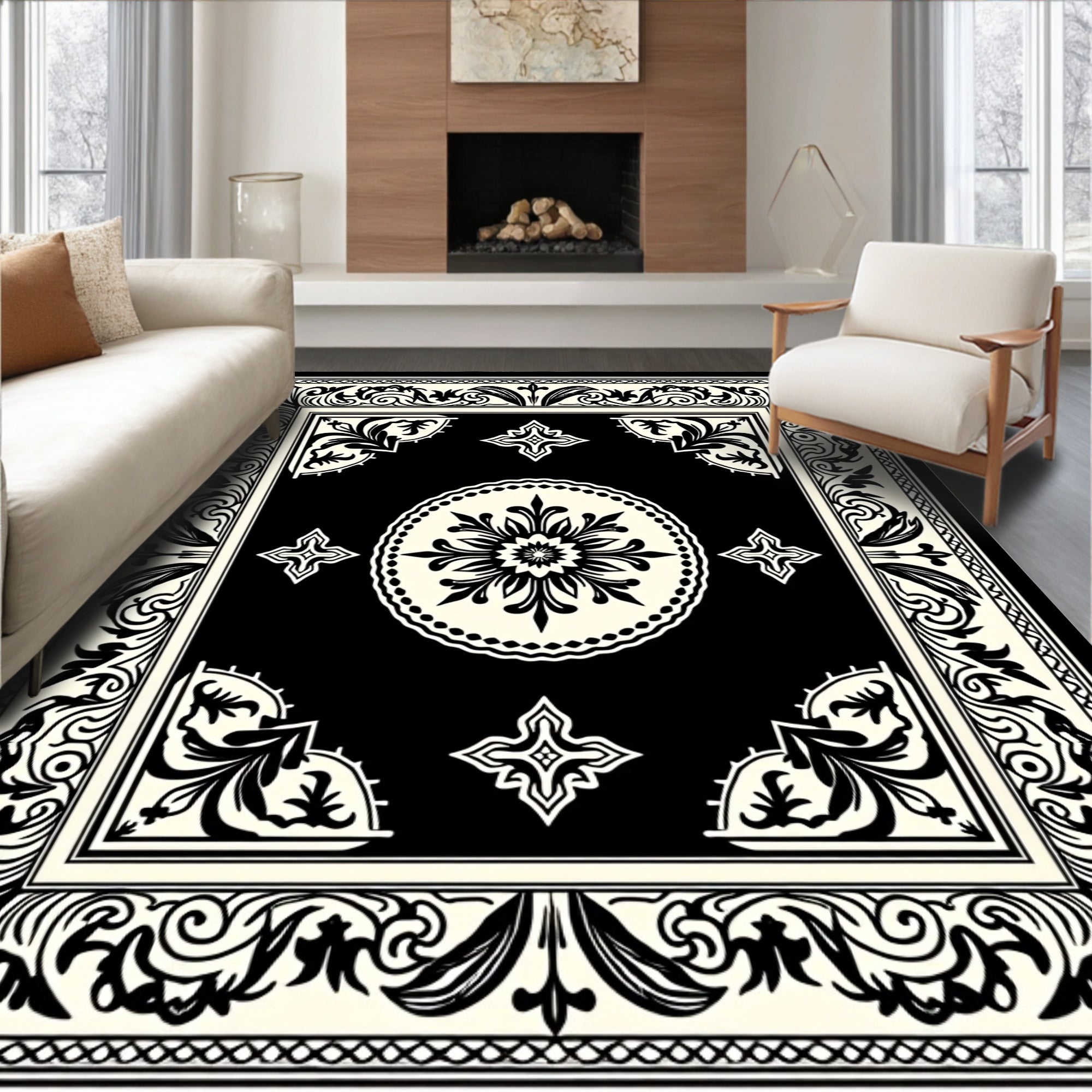 Black and Cream Floral Mandala Border Rug