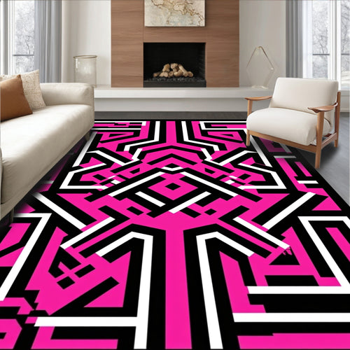 Abstract Black White Pink Geometric Rug