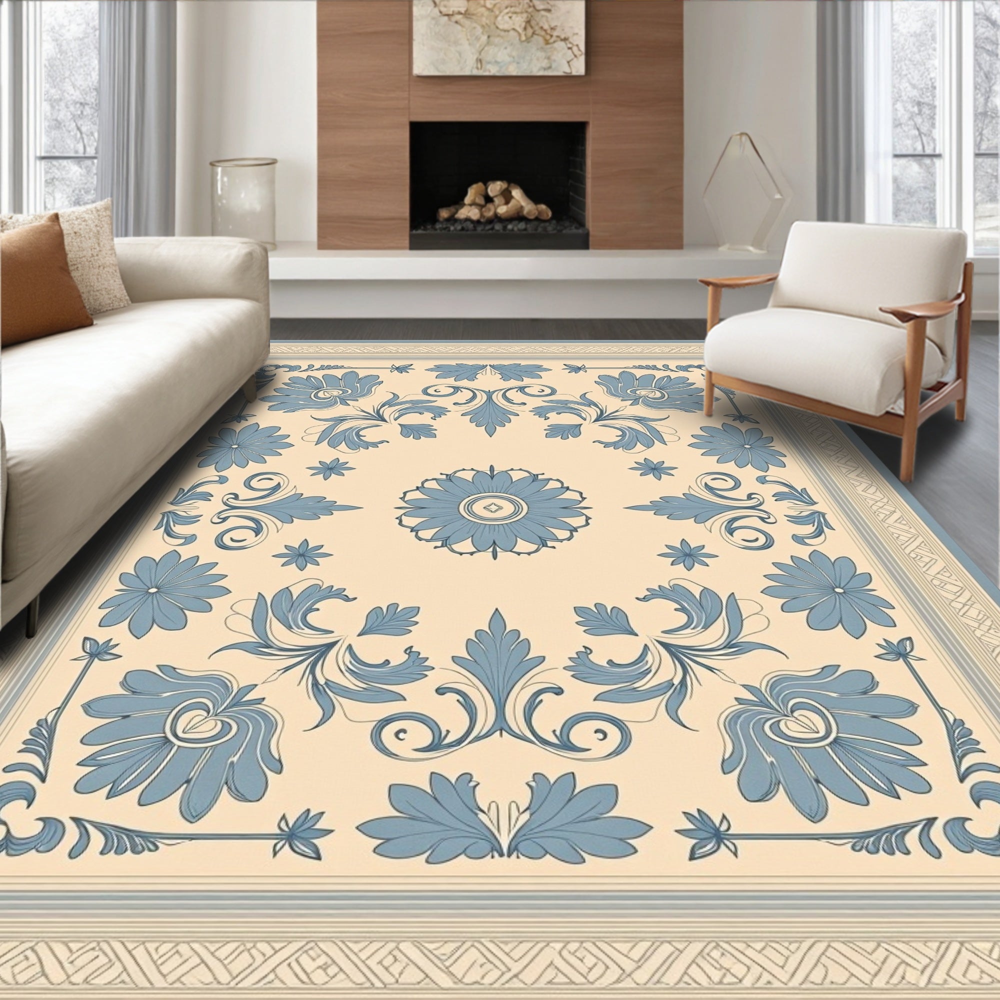 Pale Blue Floral Scrollwork Rug