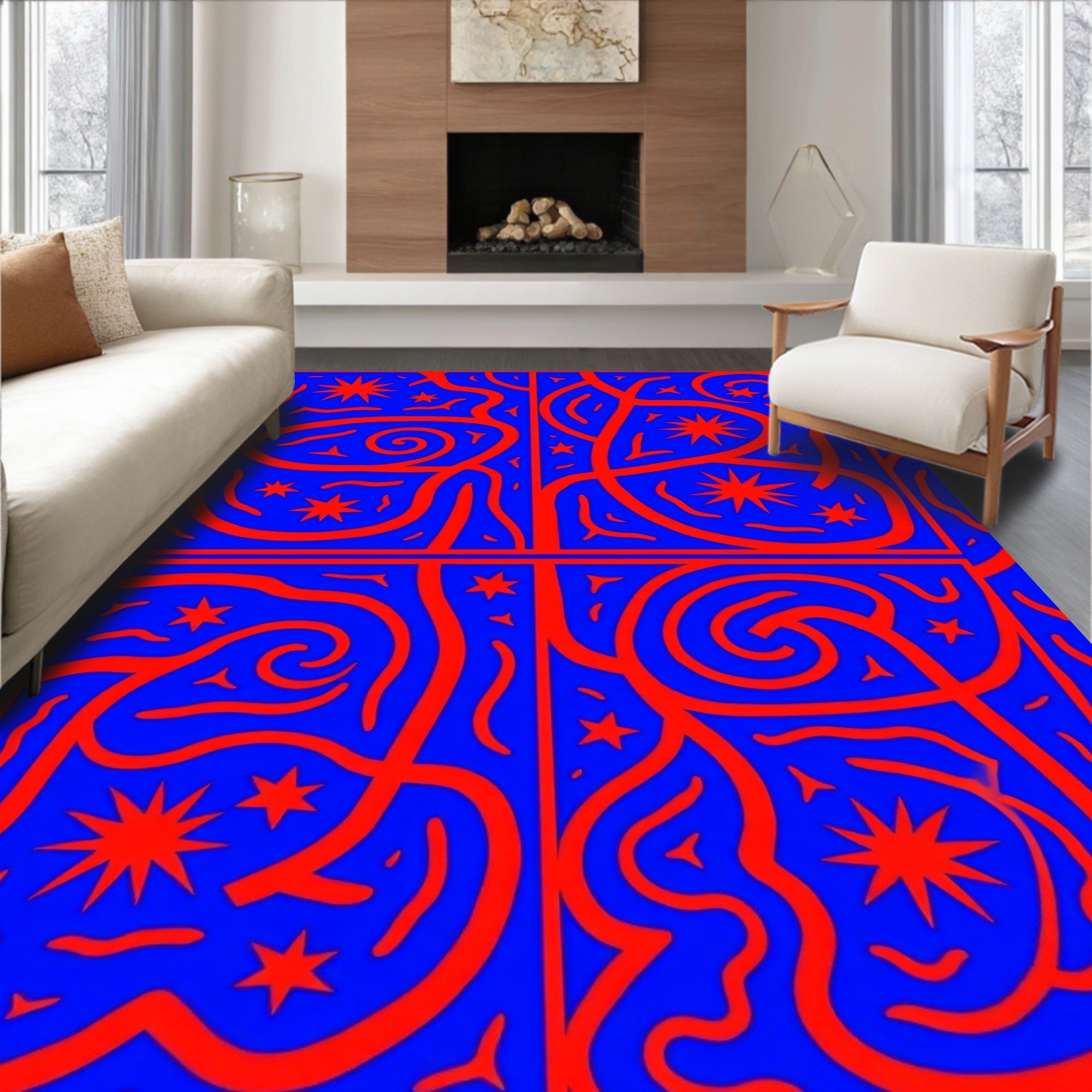 Bold Red Swirls Stars Design Rug