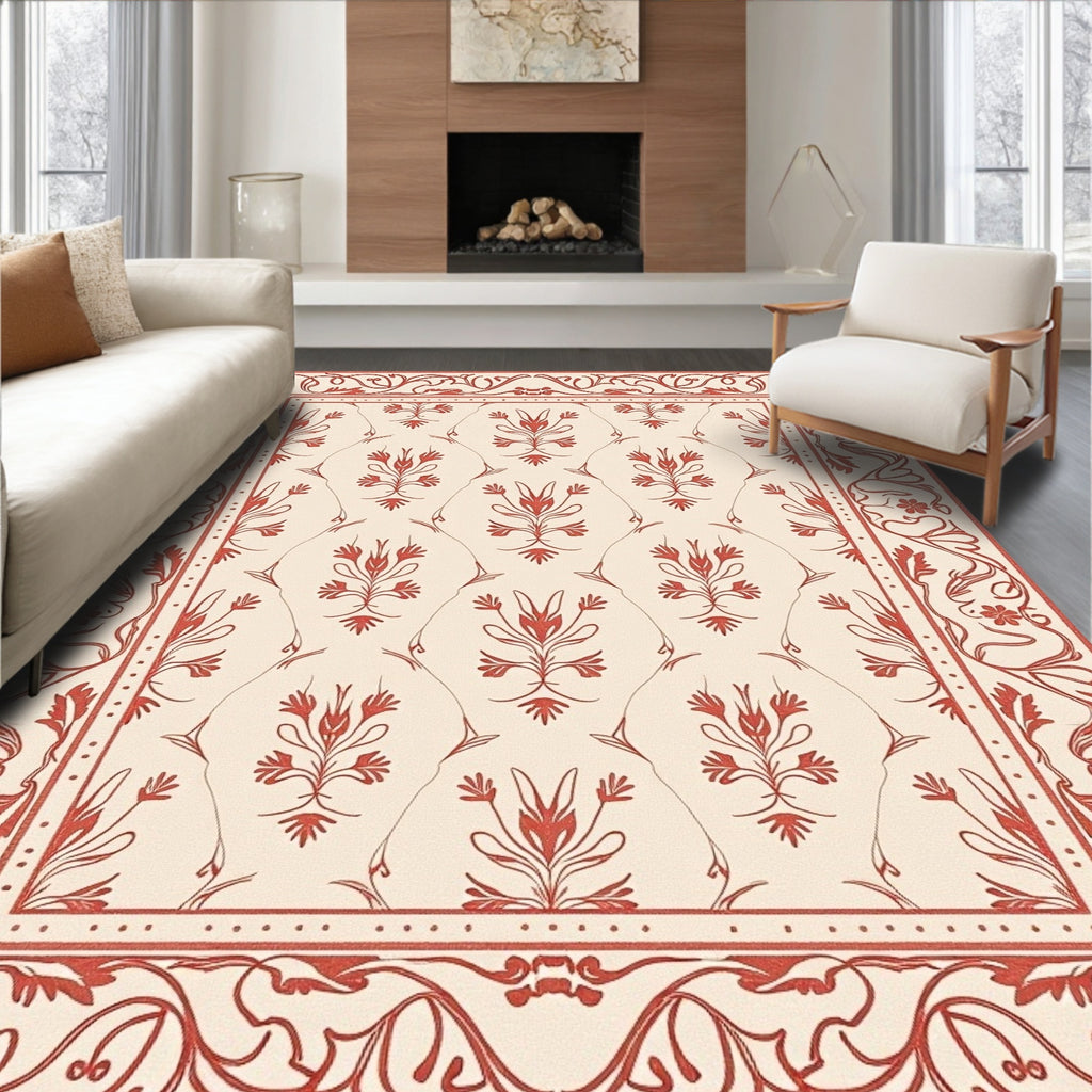 Red Floral Vine Pattern Traditional Rug