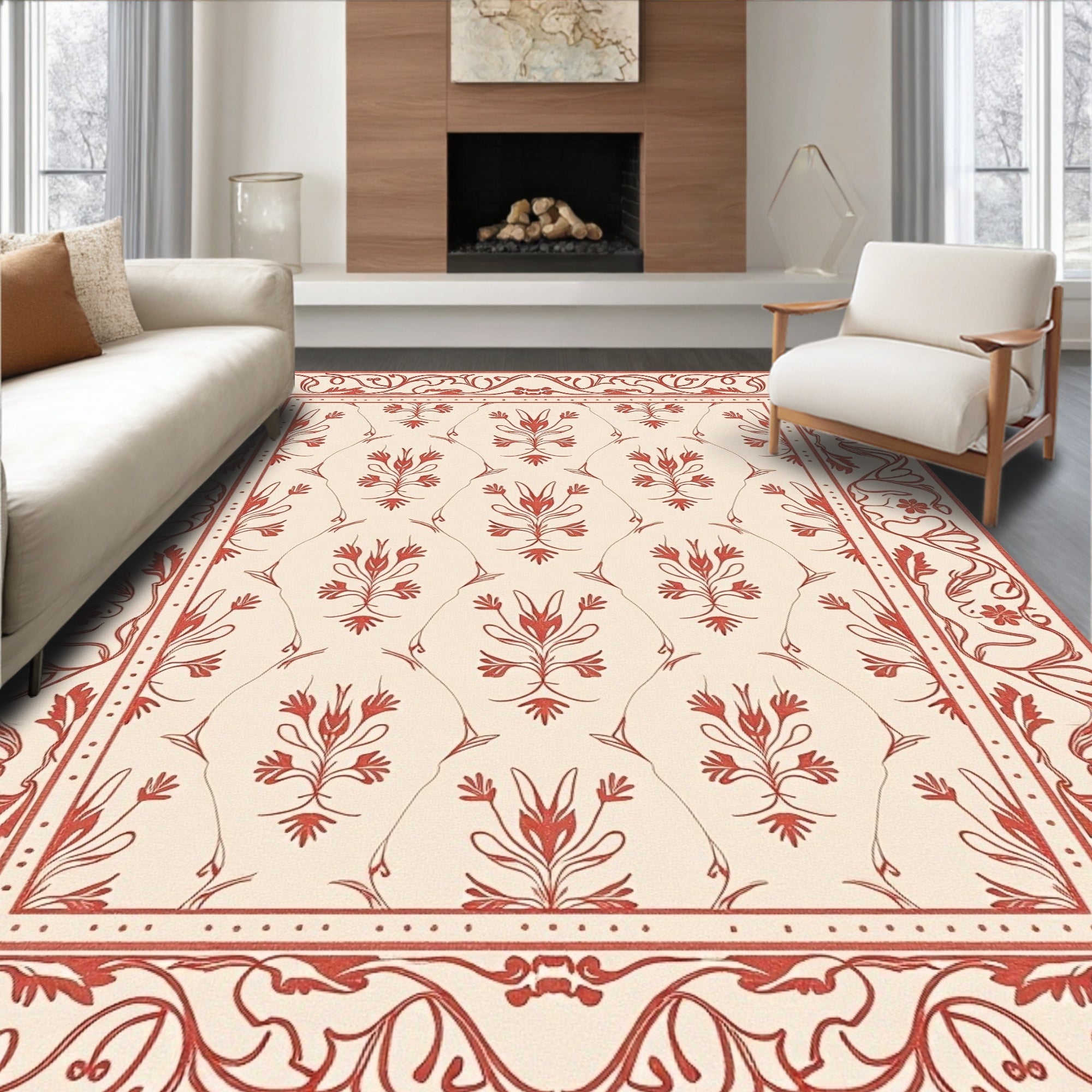 Red Floral Vine Pattern Traditional Rug