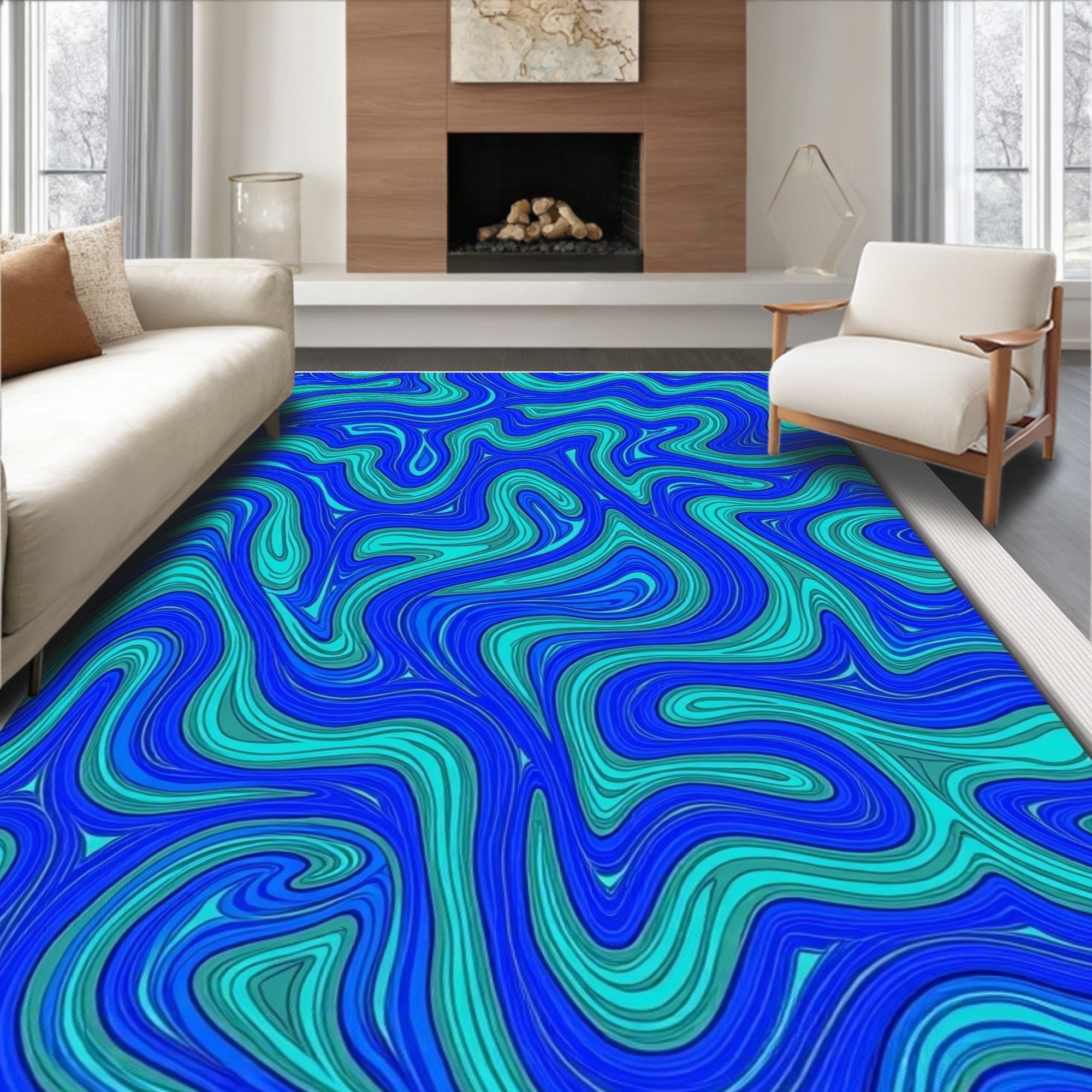 Abstract Blue Swirl Pattern Rug