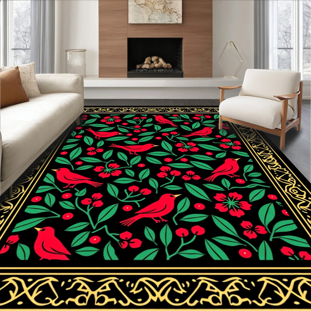 Red Birds with Red Flowers Black Background Rug