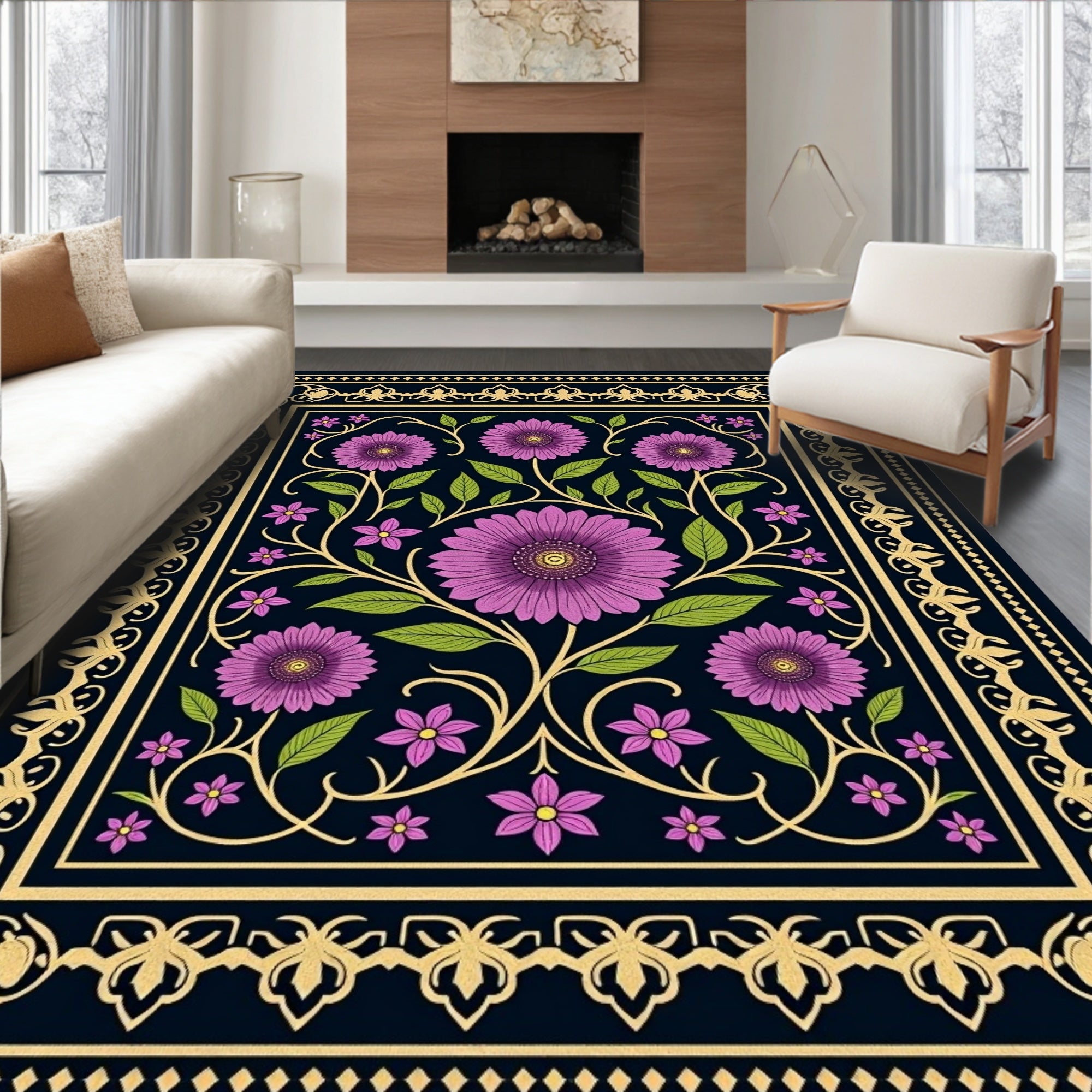 Vibrant Purple Daisy Floral Pattern Rug