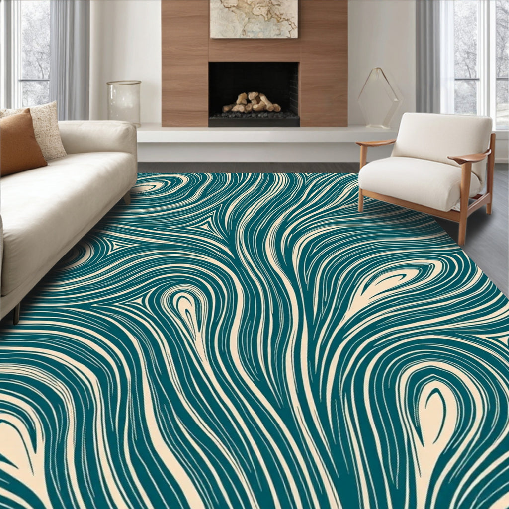 Teal and Cream Flowing Lines Design Rug