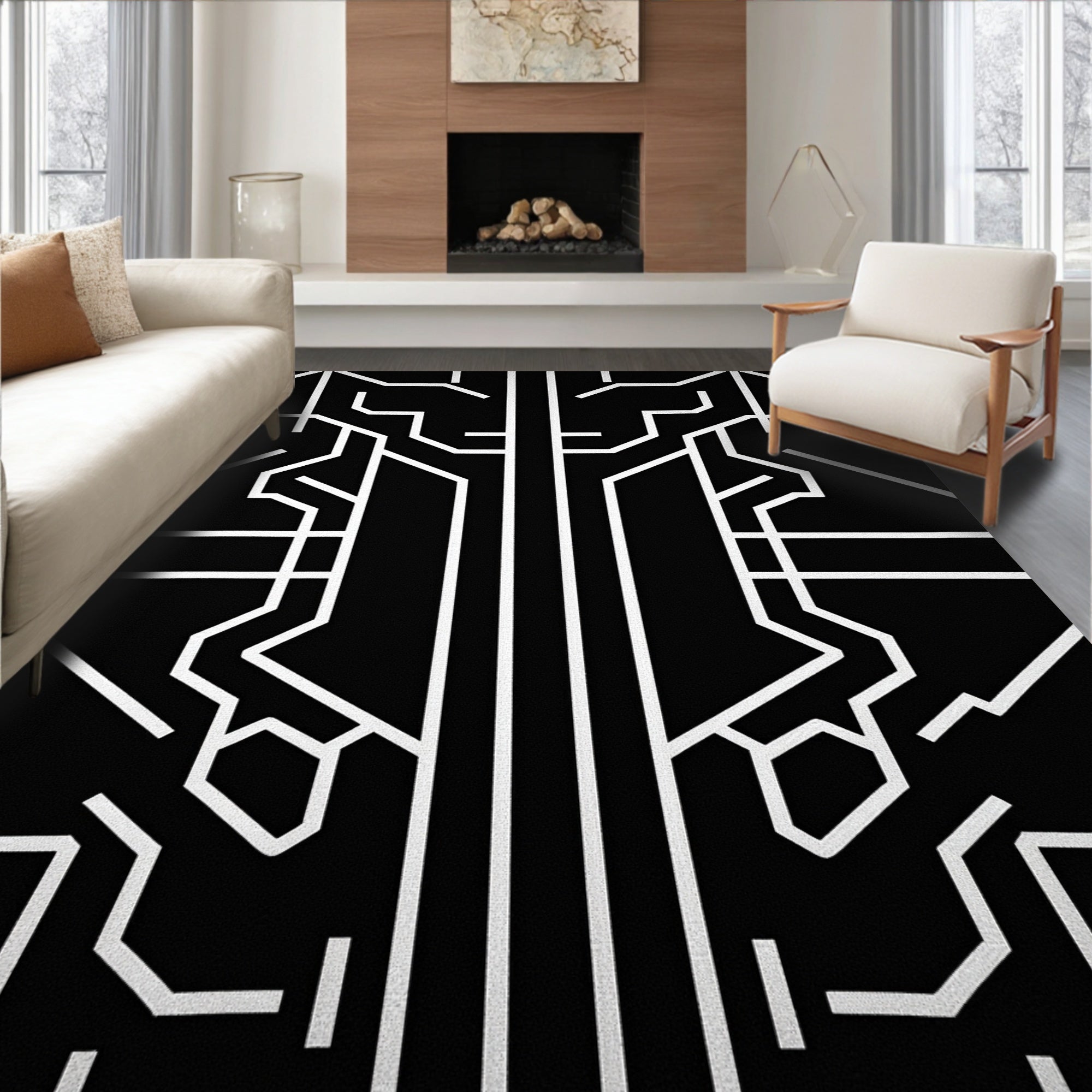 Abstract Circuit Board Geometric Pattern Rug