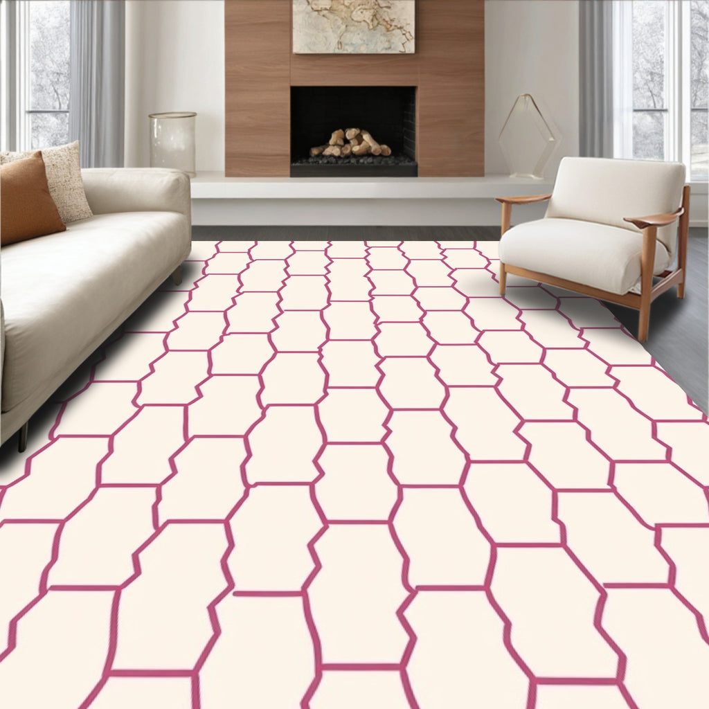 Cracked Hexagonal Pink Geometric Pattern Rug