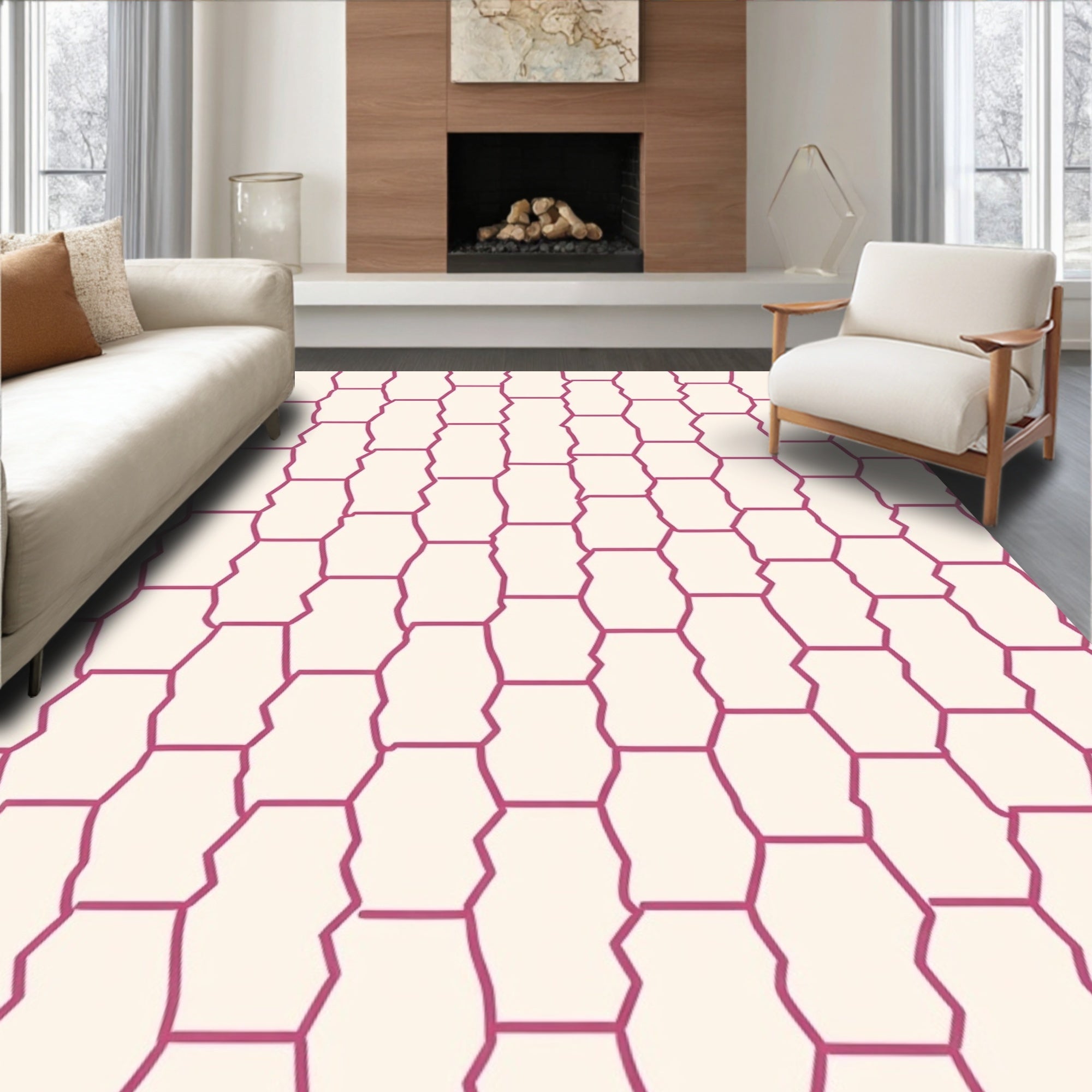 Cracked Hexagonal Pink Geometric Pattern Rug