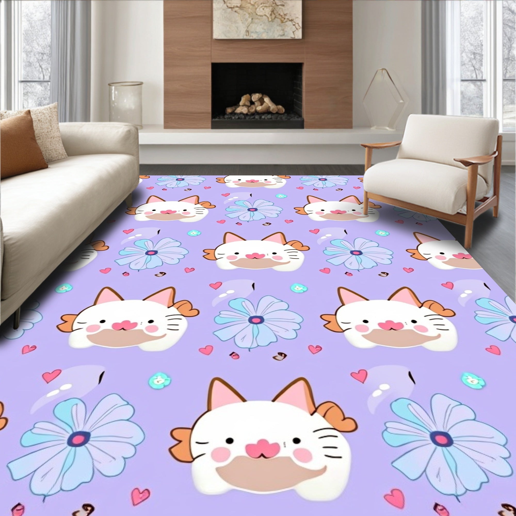 Cute Cat Flower Pattern Design Rug