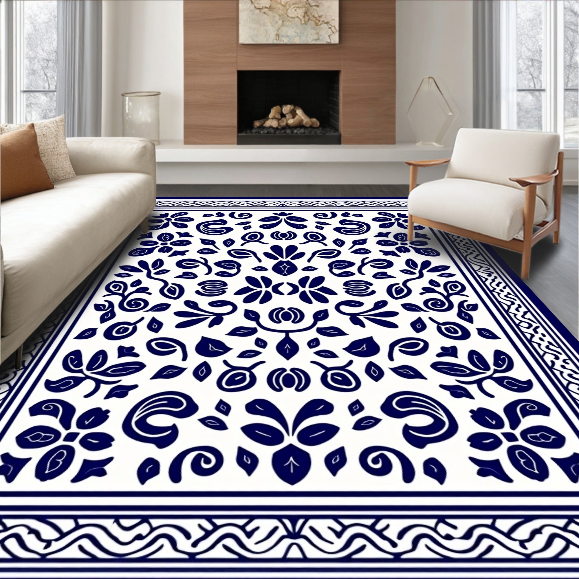Classic Blue White Floral Pattern Rug