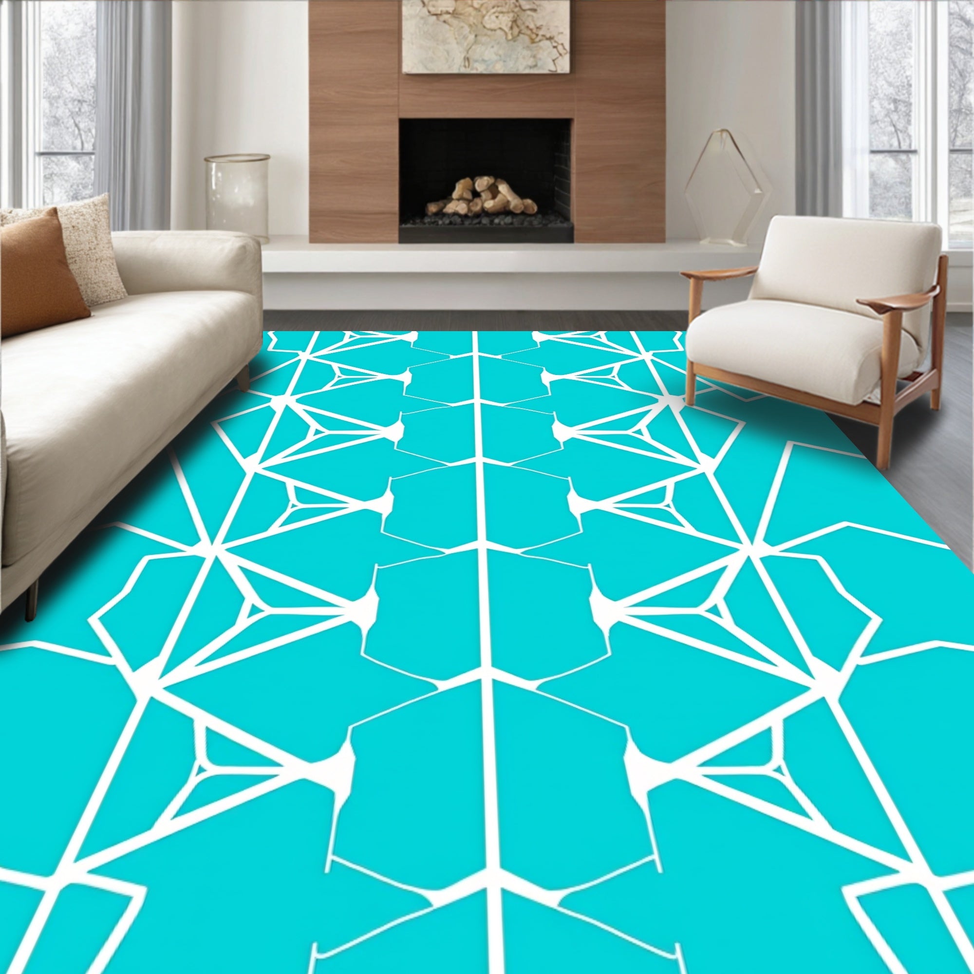 Teal White Geometric Tessellation Pattern Rug