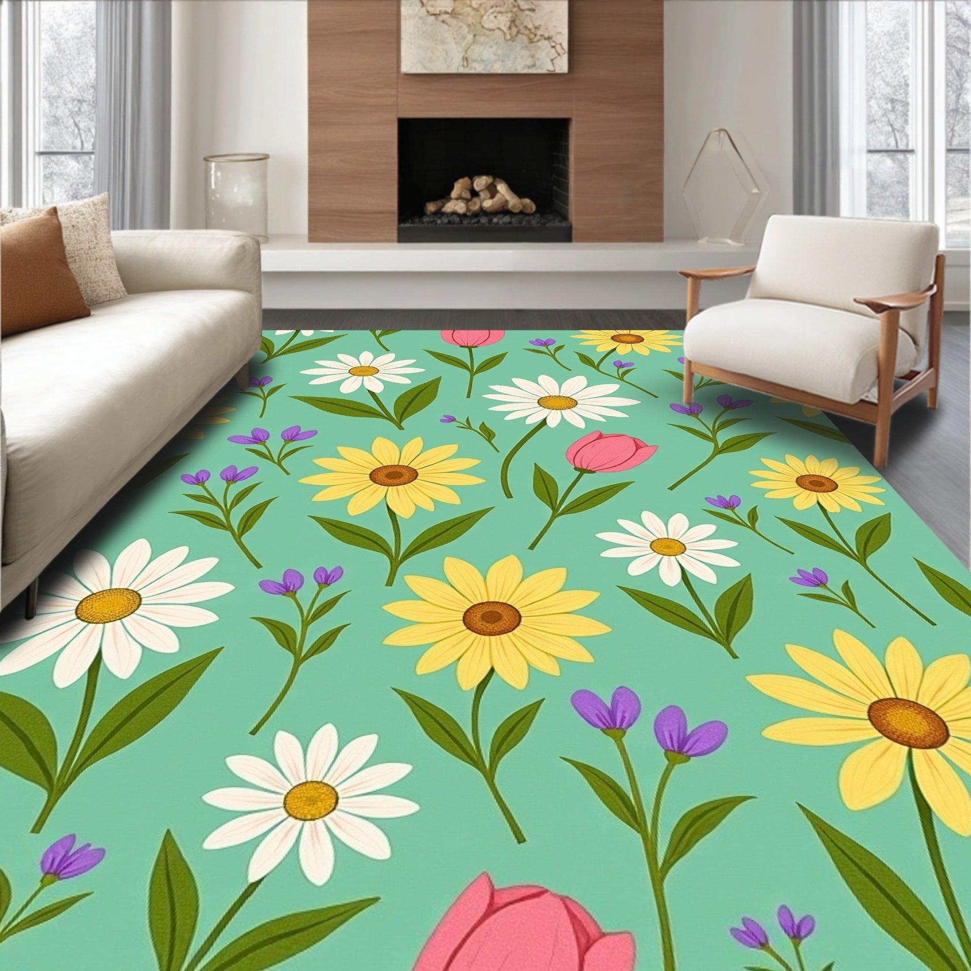 Feminine Floral Daisy Tulip Pattern Rug