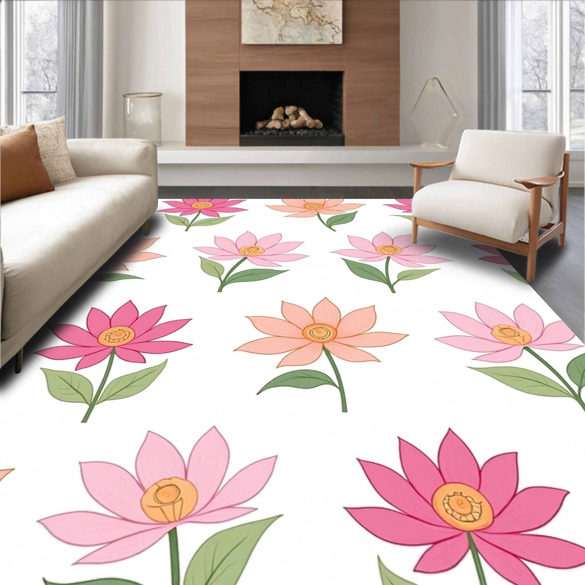 Drawn Petal Flower Pattern Rug