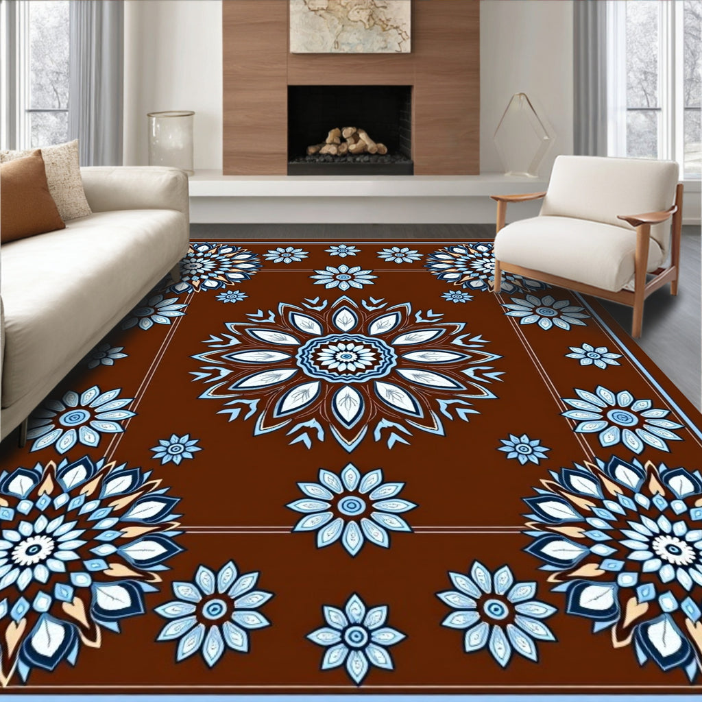 Floral Medallion Patterned Brown Rug