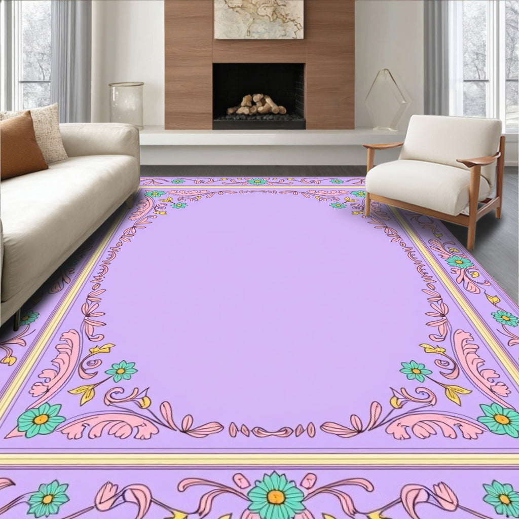 Lavender Floral Scroll Decorative Pattern Rug