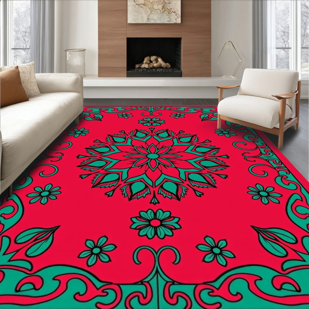 Mandala Floral Red Teal Design Rug