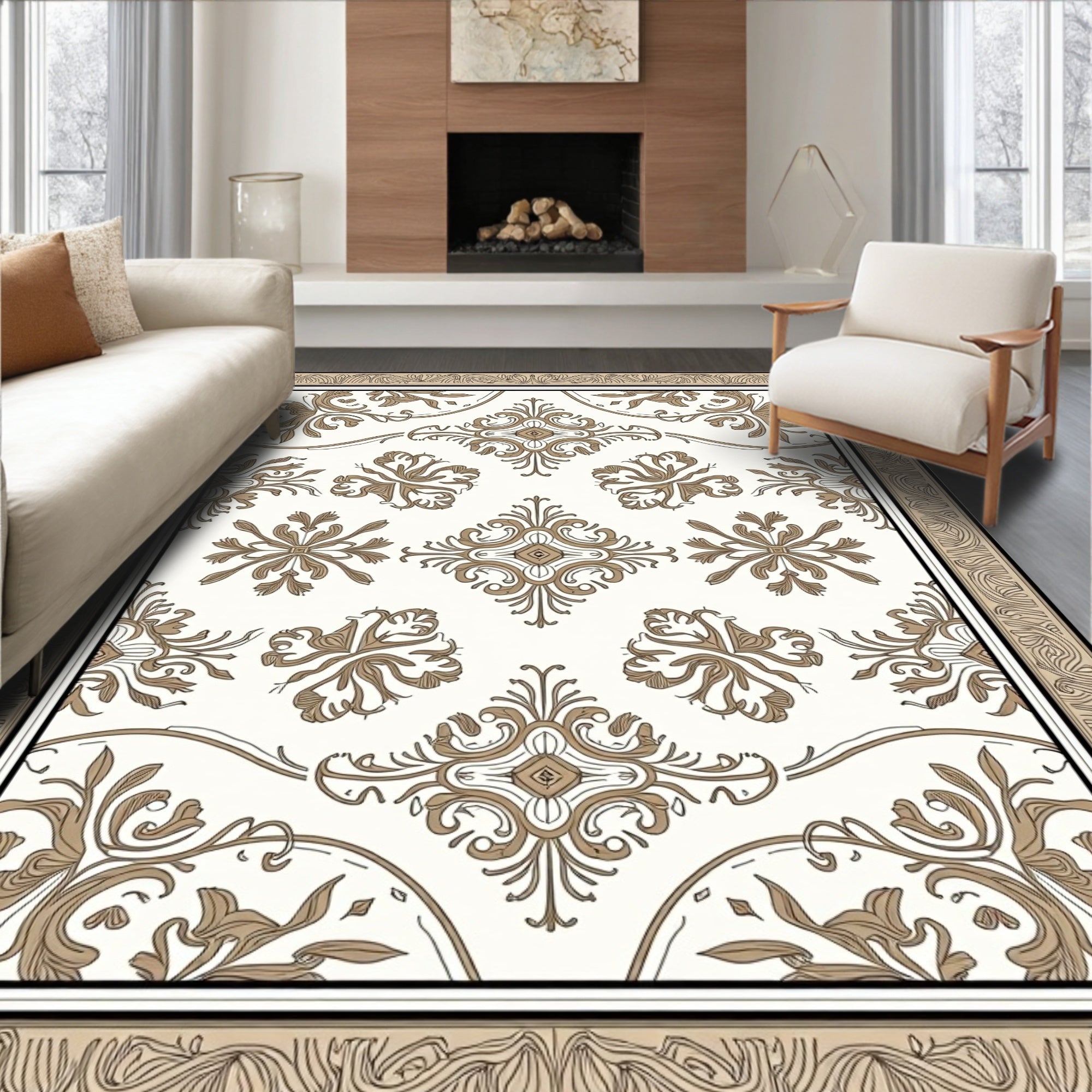 Elegant Neutral Floral Scroll Pattern Rug
