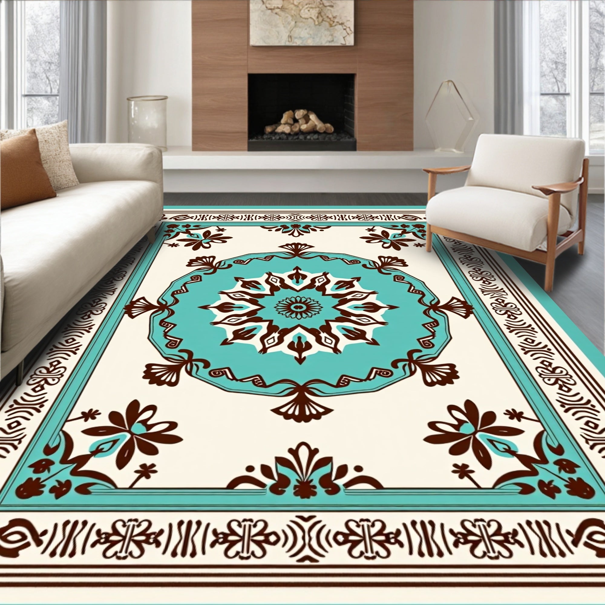 Turquoise Medallion Floral Border Rug