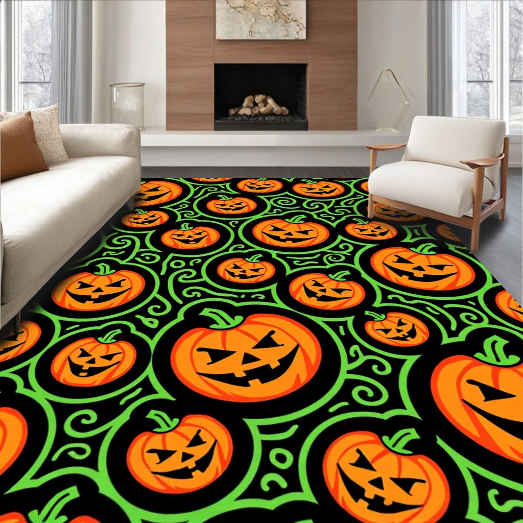 Orange Pumpkins Green Swirls Background Rug