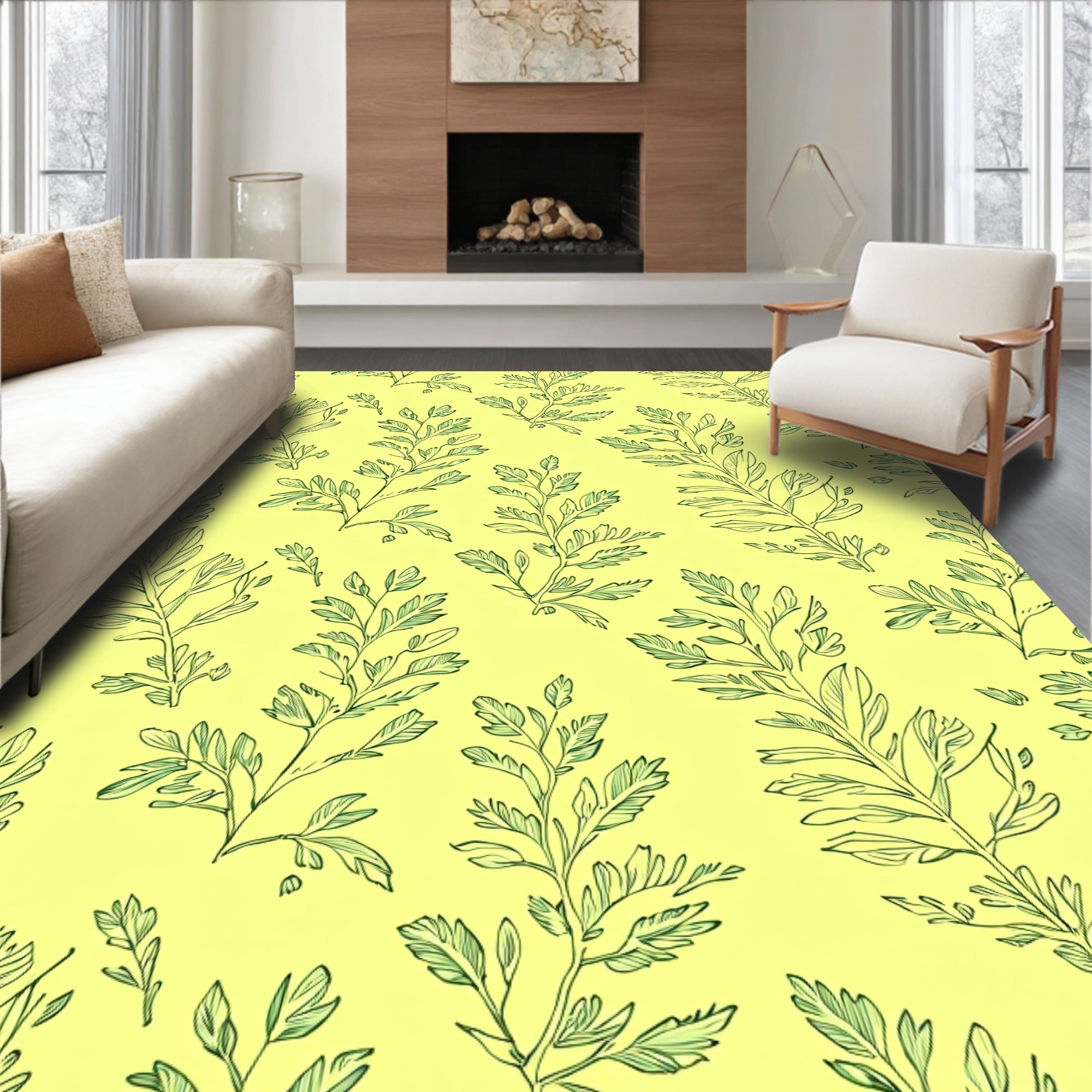 Delicate Green Leafy Vine Pattern Rug