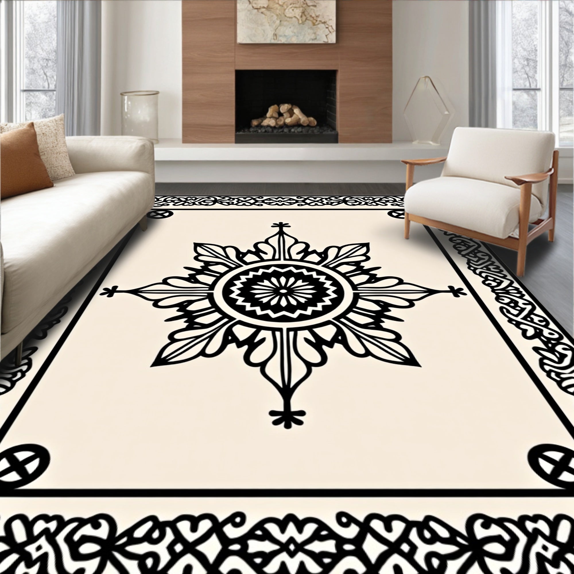 Classic Black Floral Motif Rug