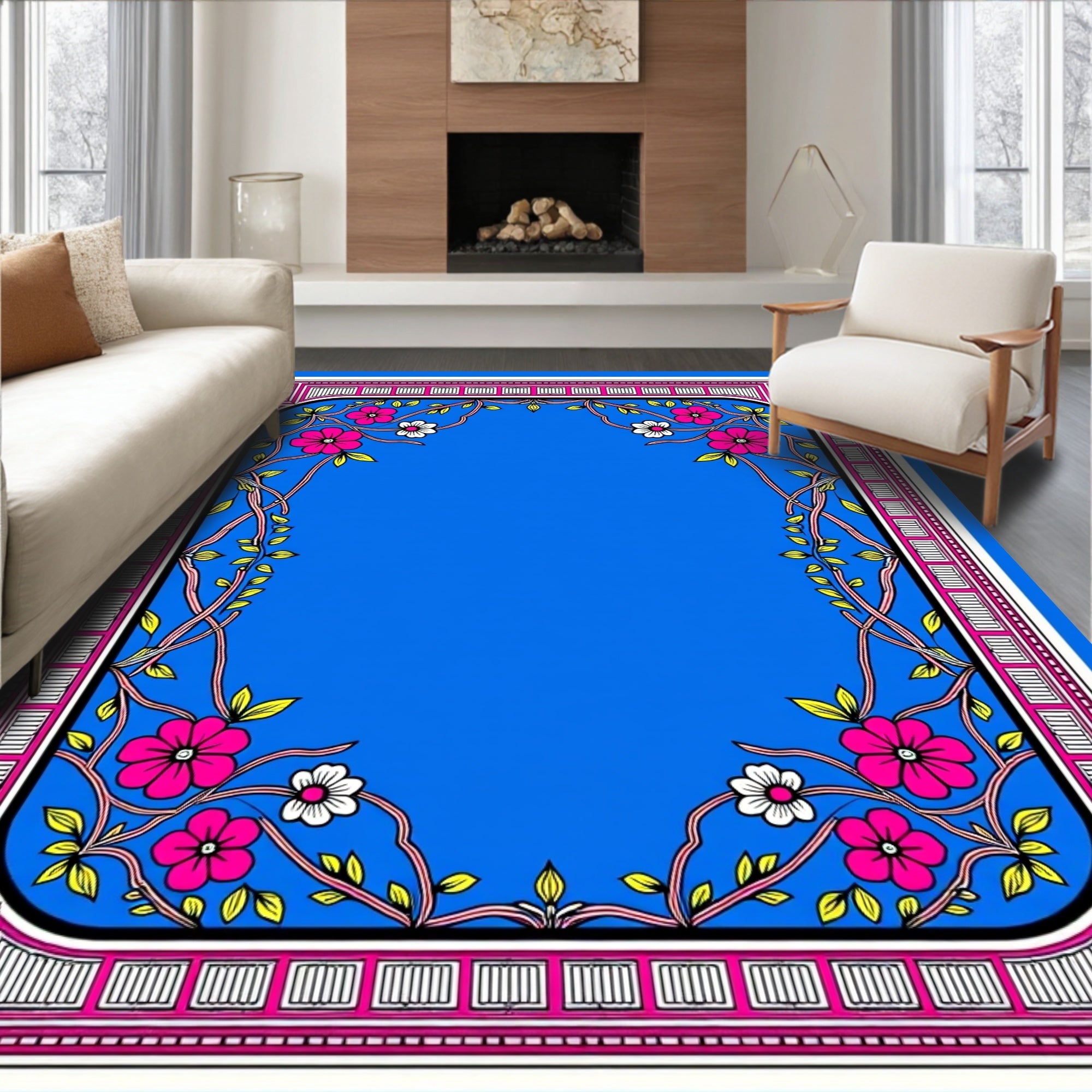 Vibrant Floral Vines With Geometric Border Rug