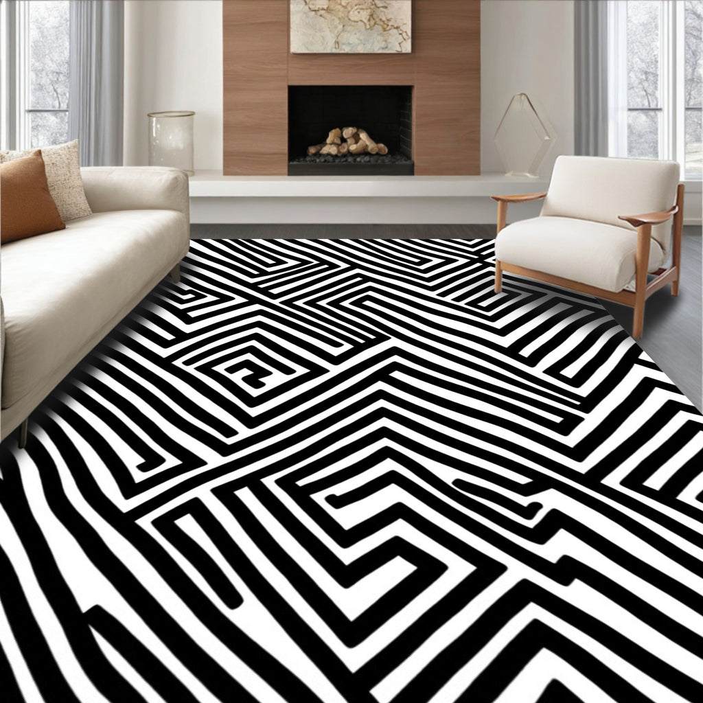 Bold Black White Maze Pattern Rug