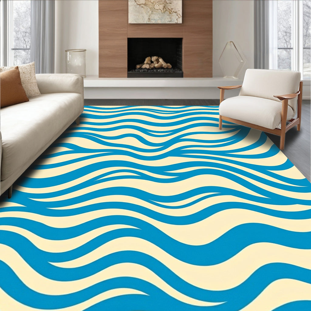 Blue Wave Patterned Abstract Design Rug
