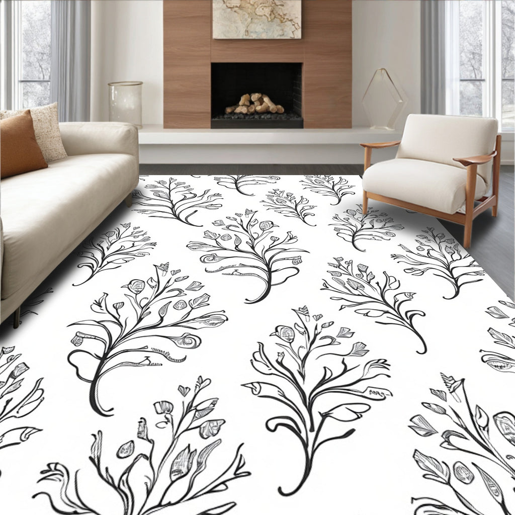Botanical Line Art Whimsical Floral Pattern Rug