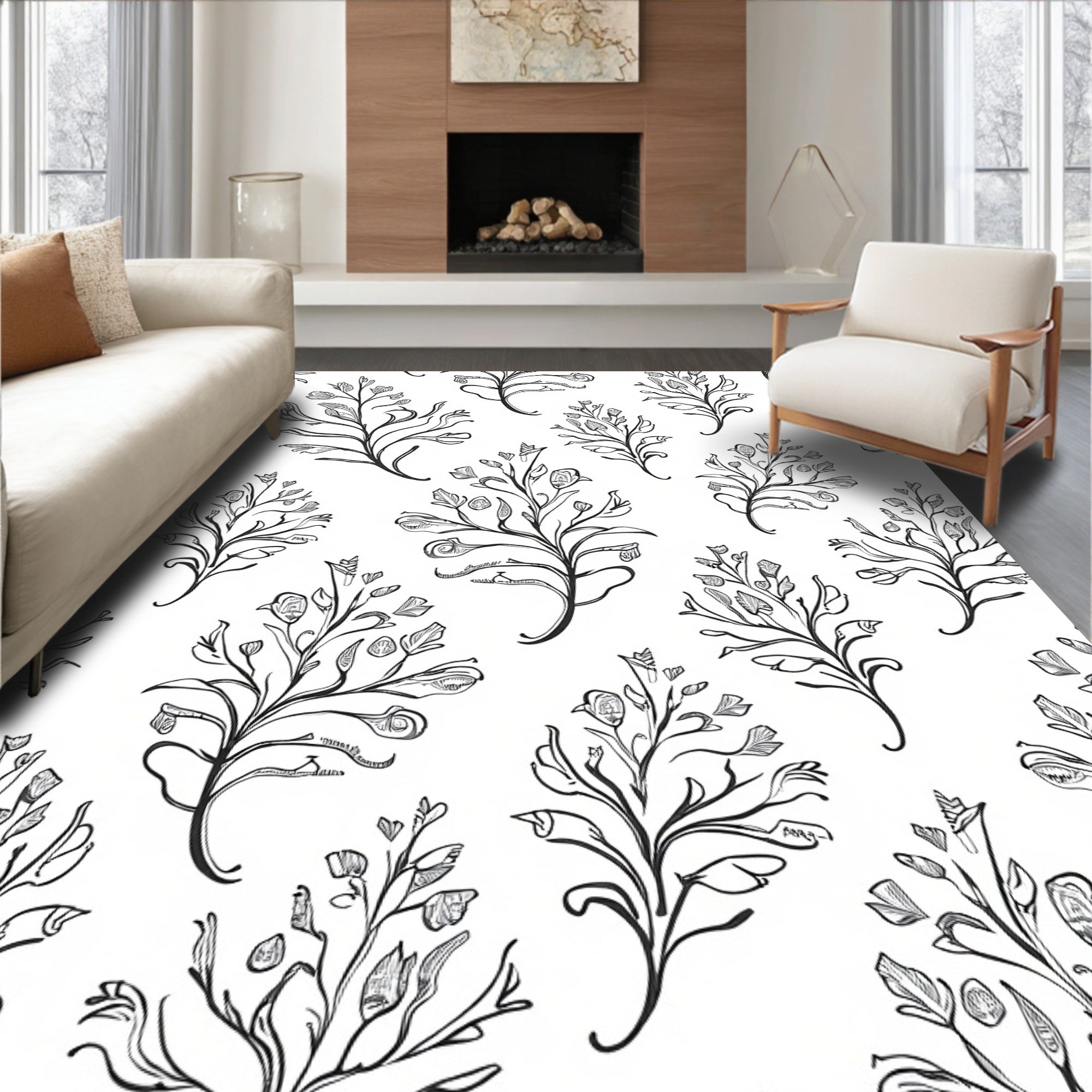 Botanical Line Art Whimsical Floral Pattern Rug