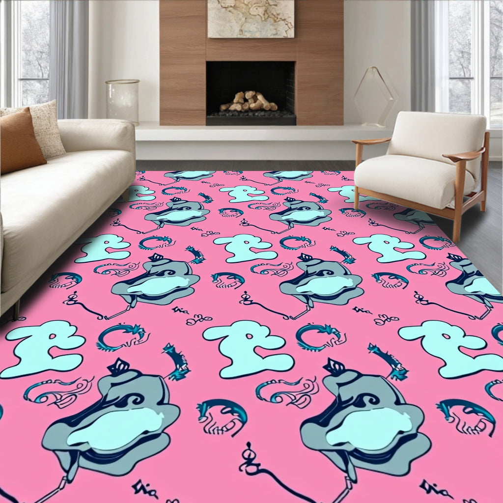 Whimsical Blue Grey Character Pattern Rug