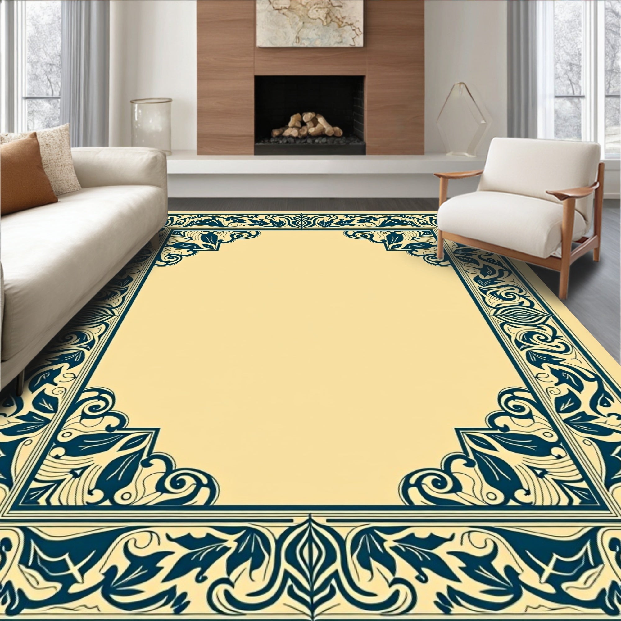 Ornate Leafy Scroll Border Design Rug