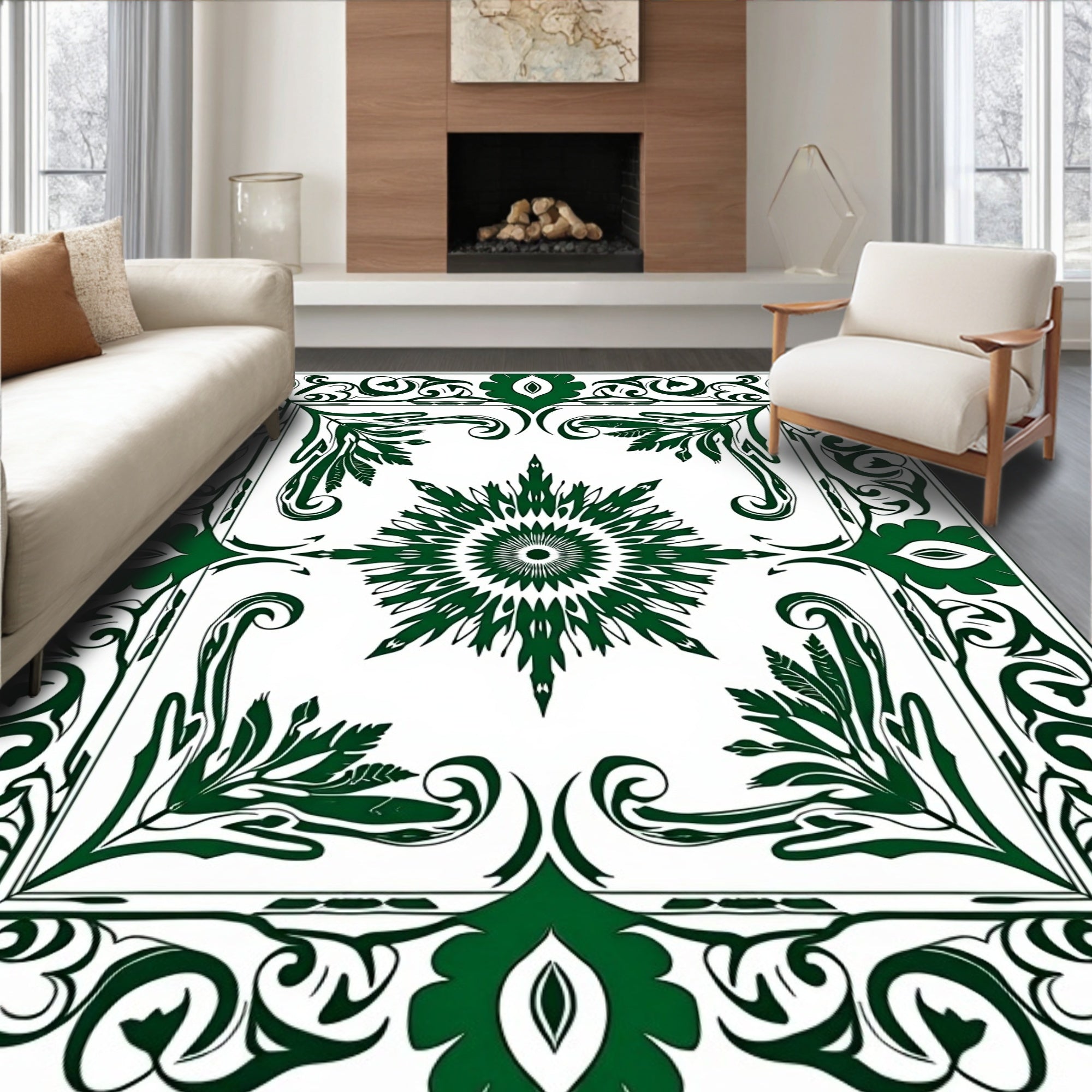 Green Floral Star Mandala Pattern Rug