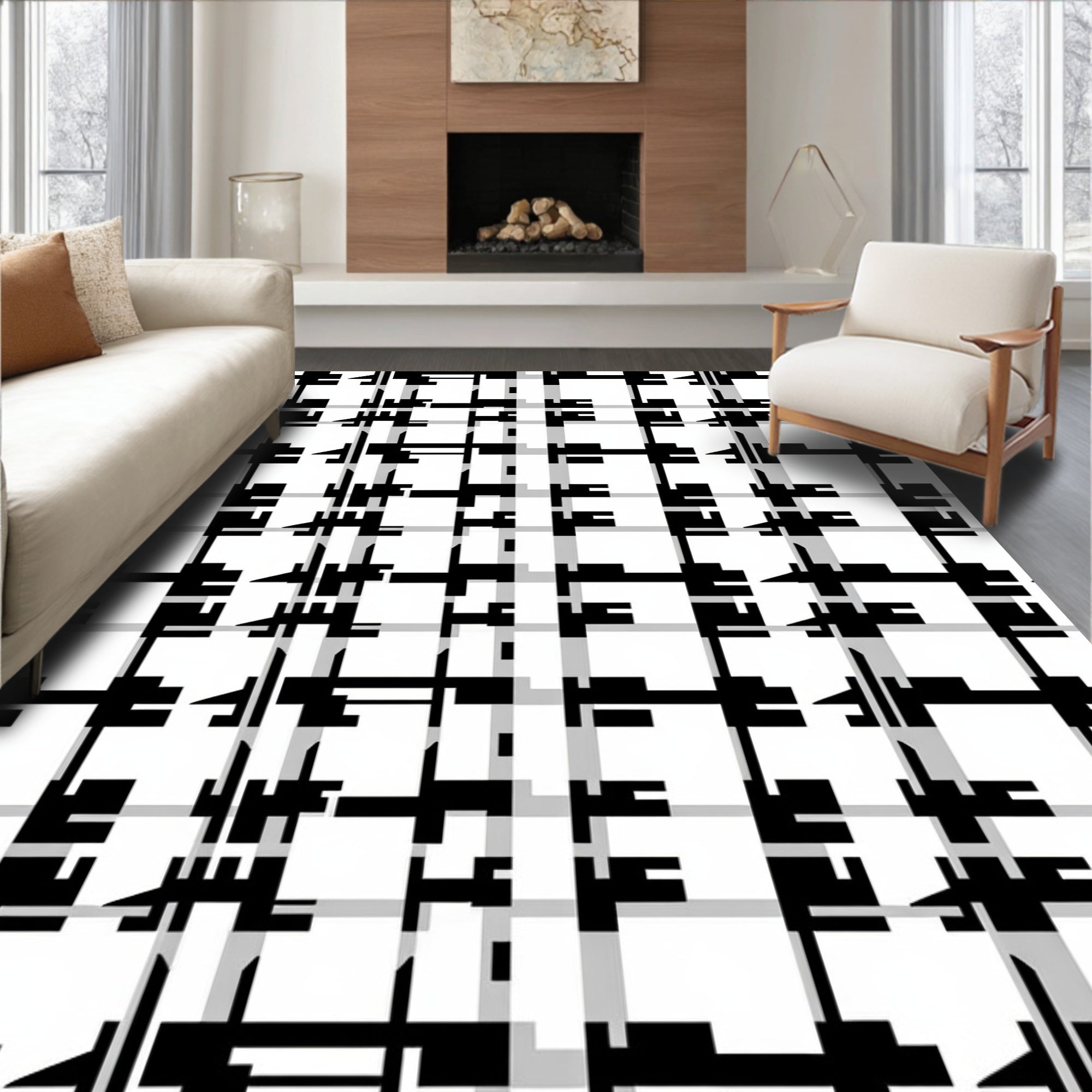 Abstract Black White Geometric Plaid Rug