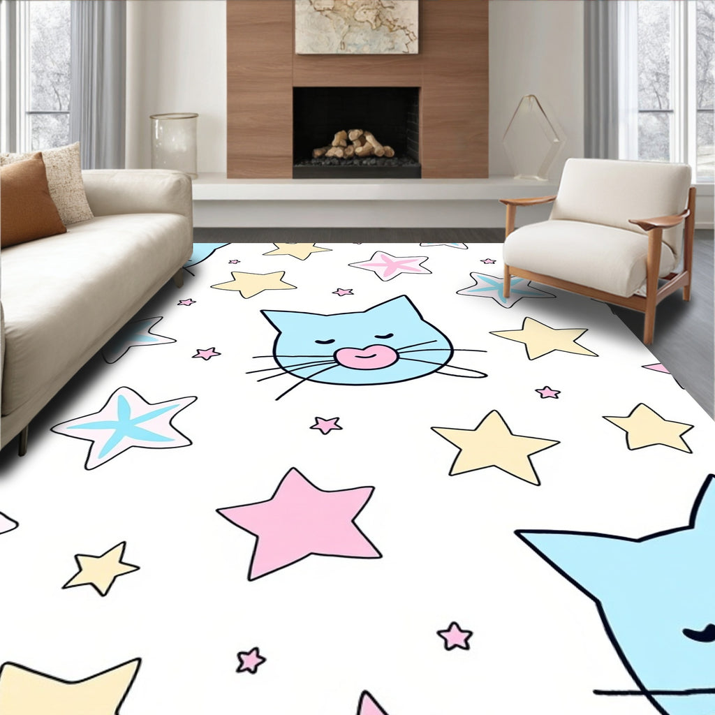 Cute Blue Cats Stars Pattern Rug