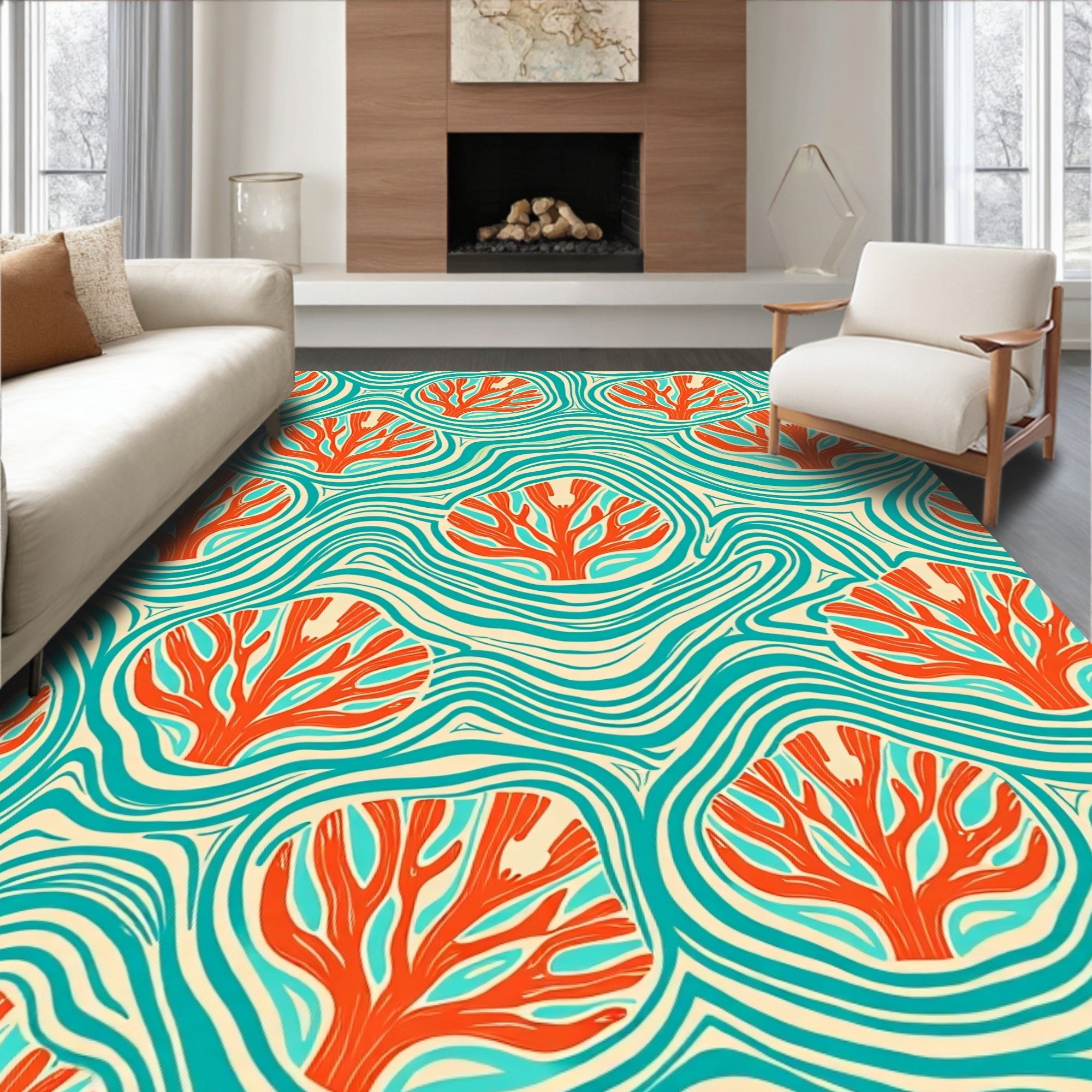 Coral and Wave Abstract Pattern Rug