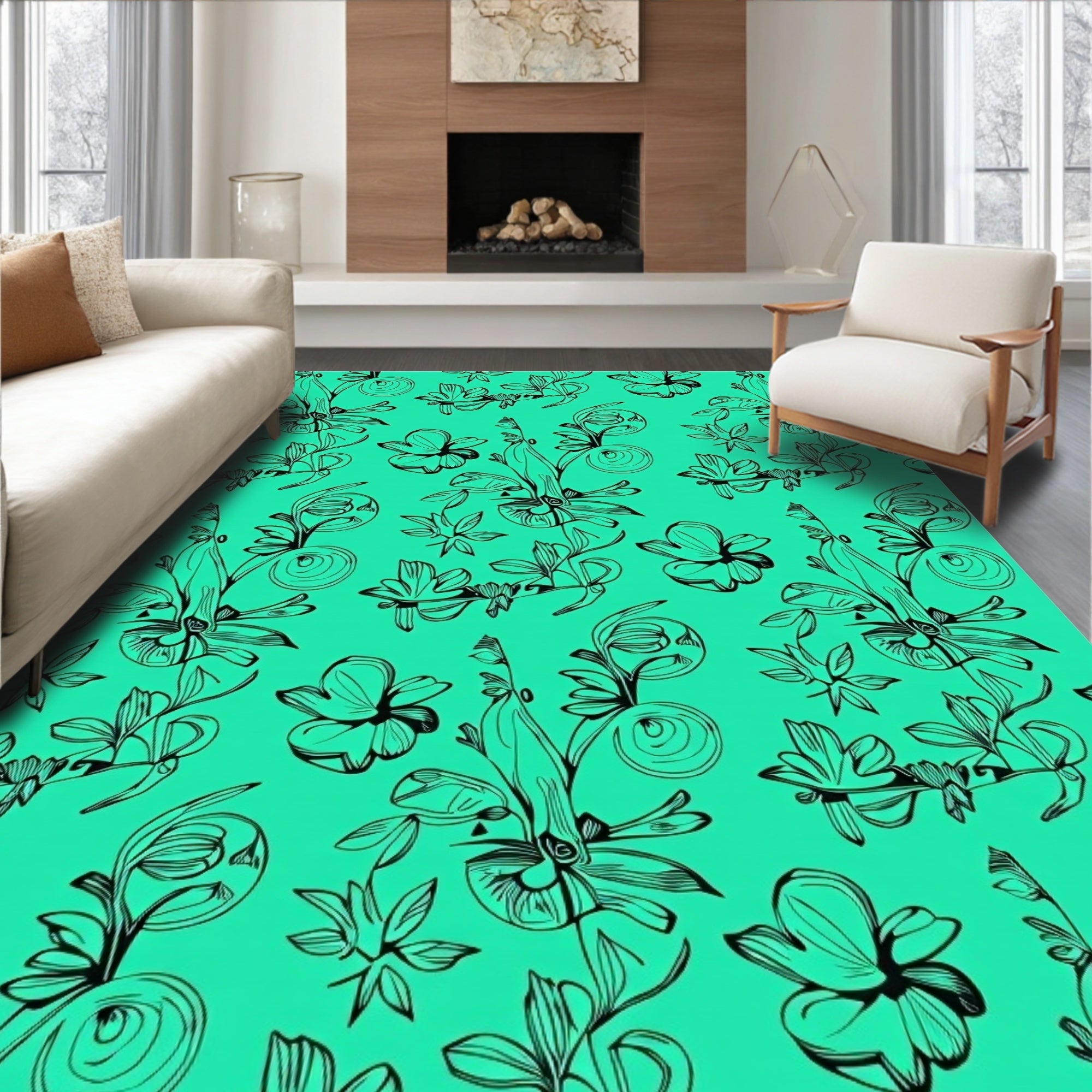 Black Floral Vines And Swirls Pattern Rug
