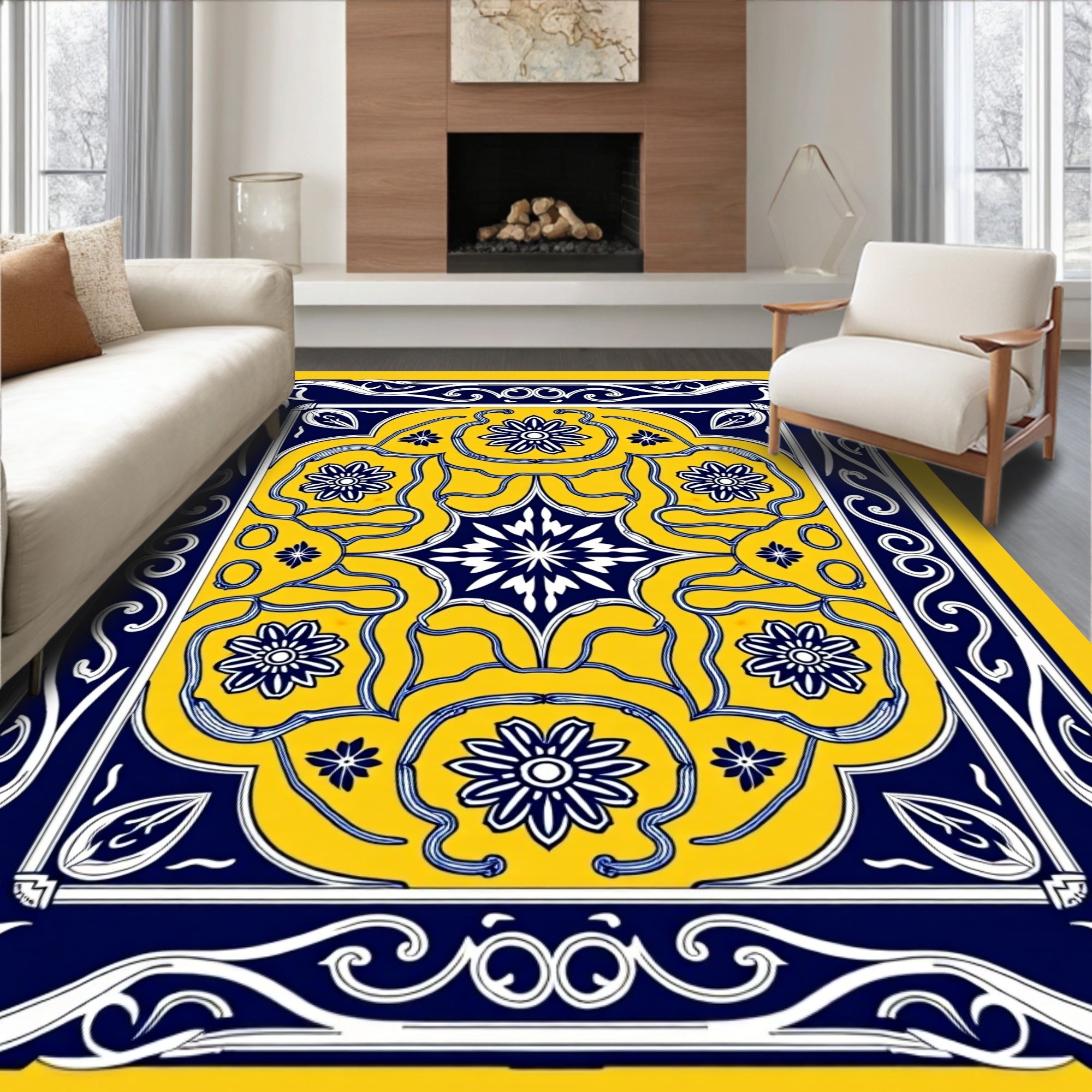 Bold Yellow Navy Floral Pattern Rug