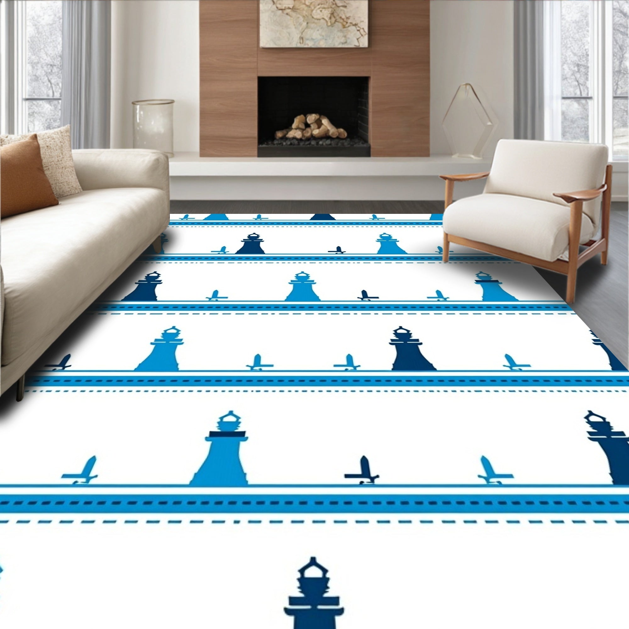 Nautical Navy Blue Lighthouse Pattern Rug