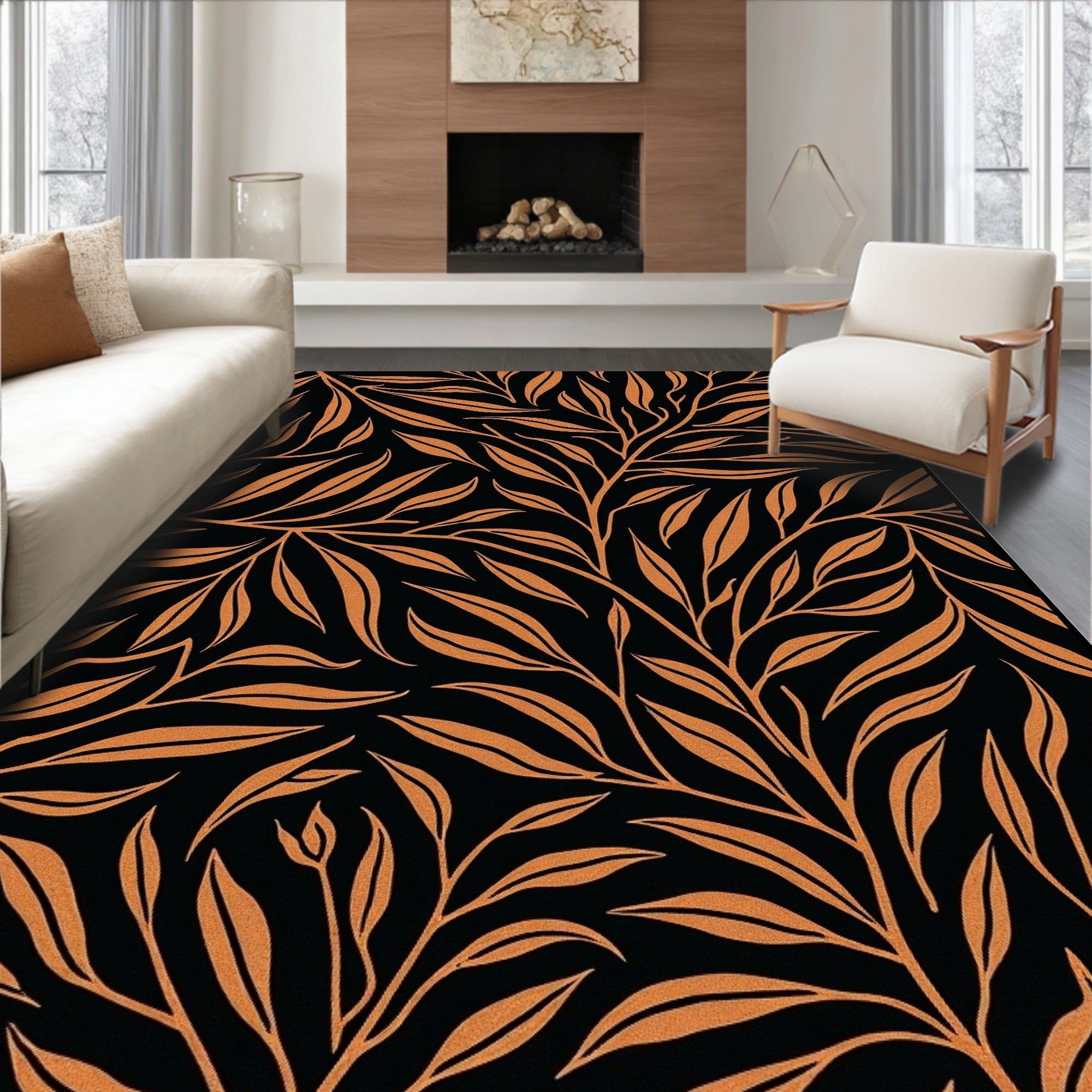 Black Orange Leafy Branch Pattern Rug