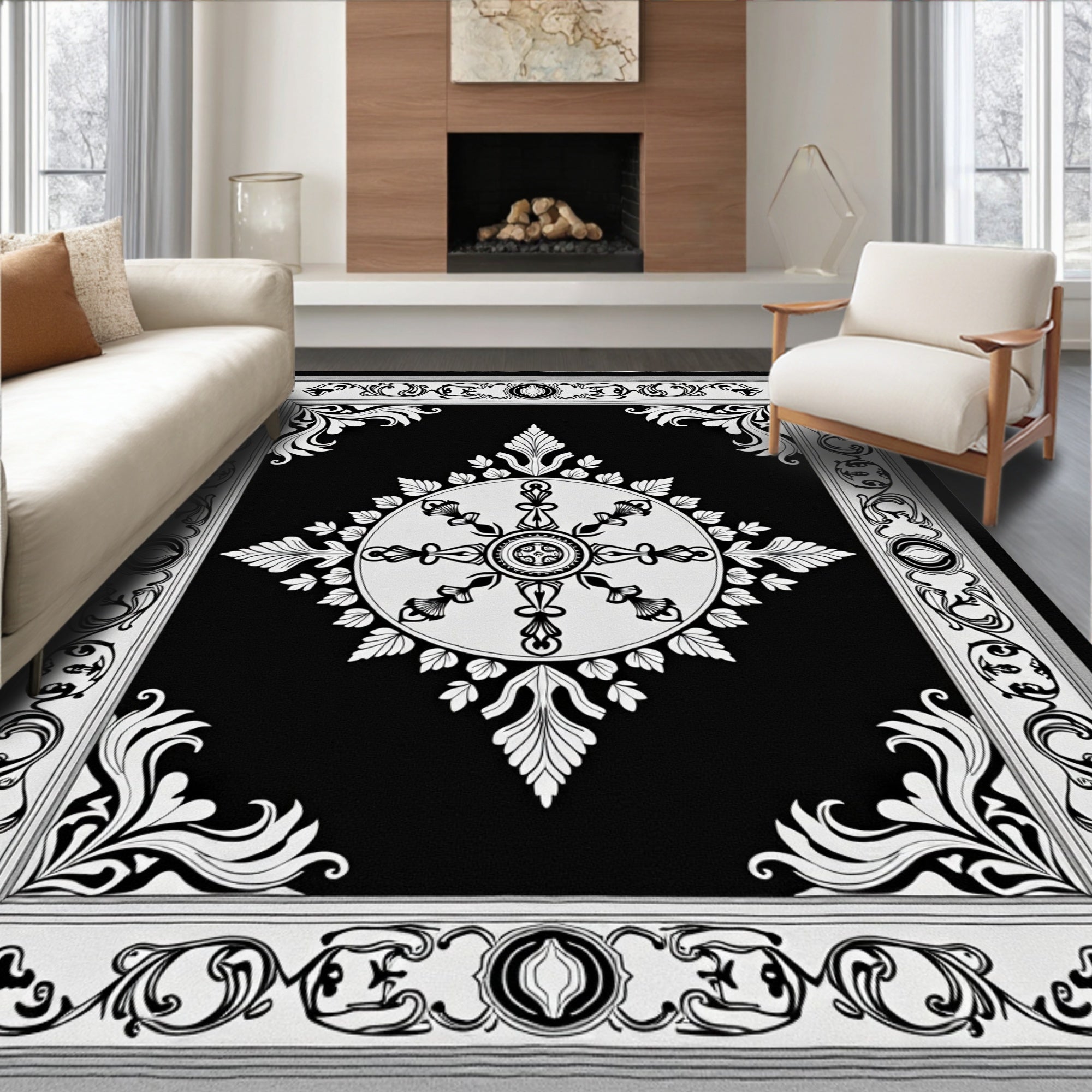 Ornate Black White Mandala Design Rug