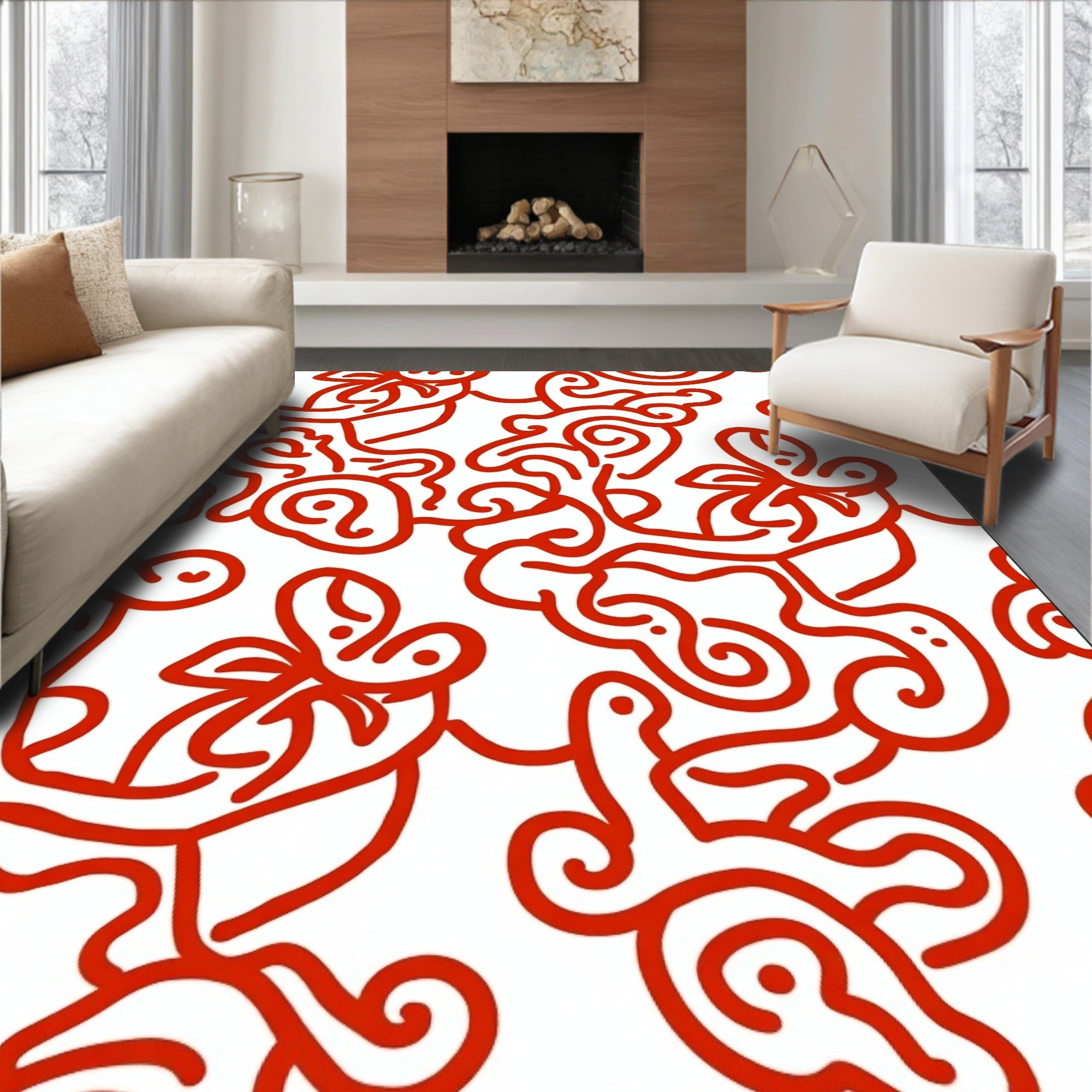 Whimsical Red Line Art Abstract Rug